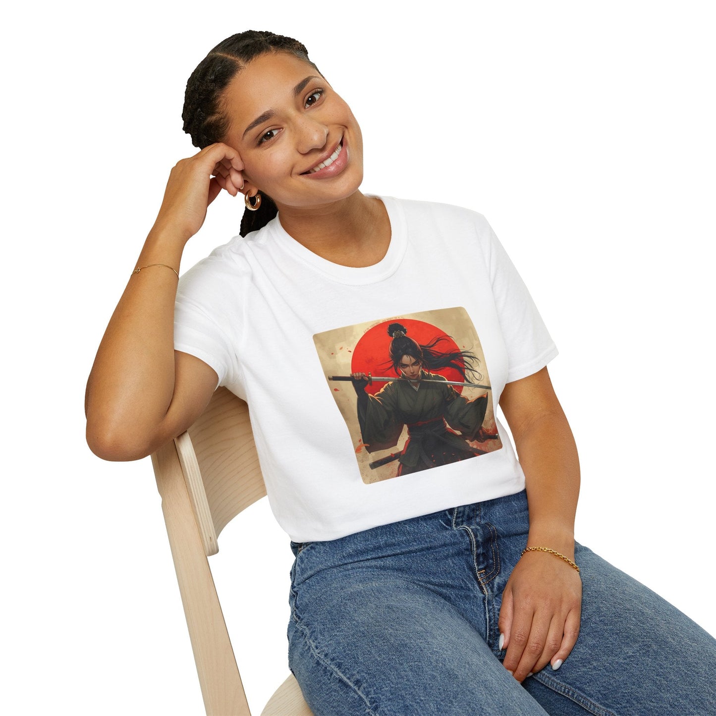Model wearing the Red Sun Resolve Samurai Warrior T-Shirt in white featuring a Japanese-inspired warrior holding a katana beneath a bold red sun.