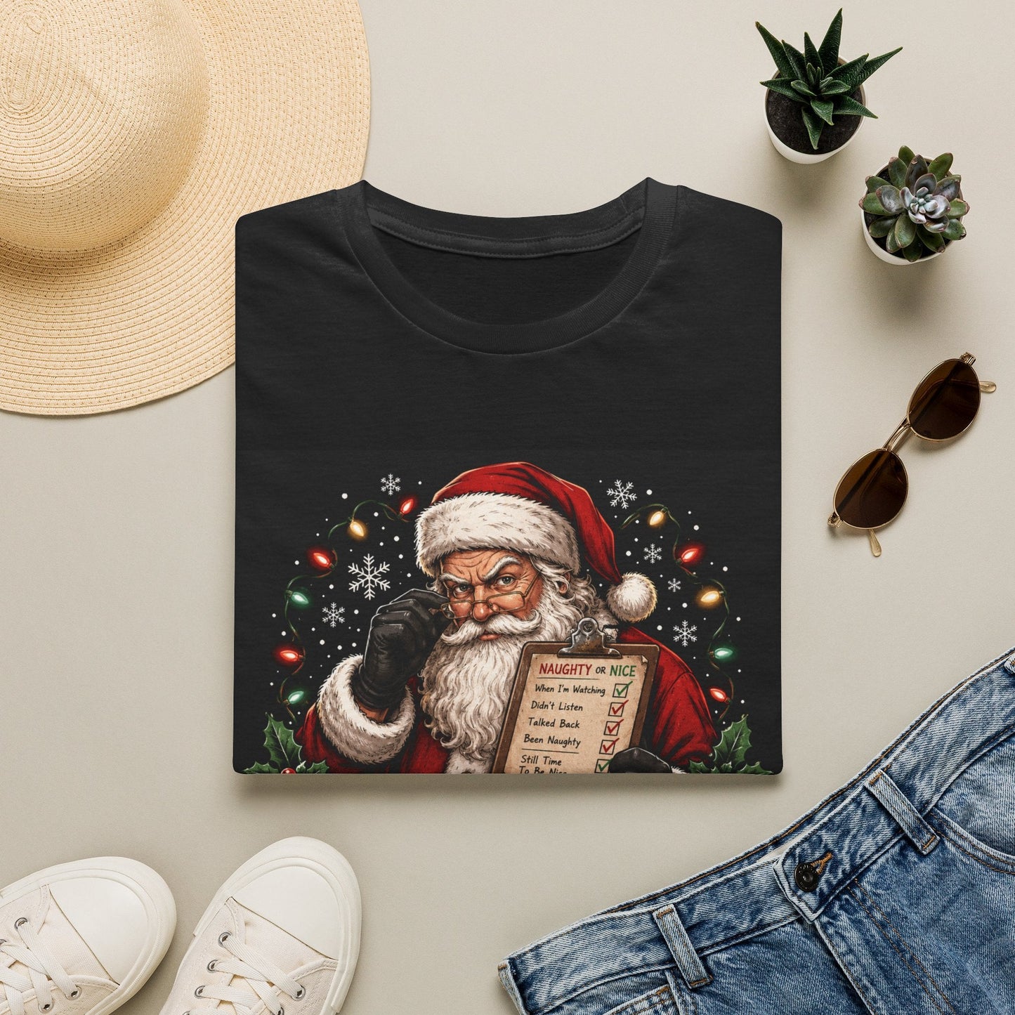 Folded Santa Saw That Christmas T-Shirt in black showing bold funny Santa Christmas design.
