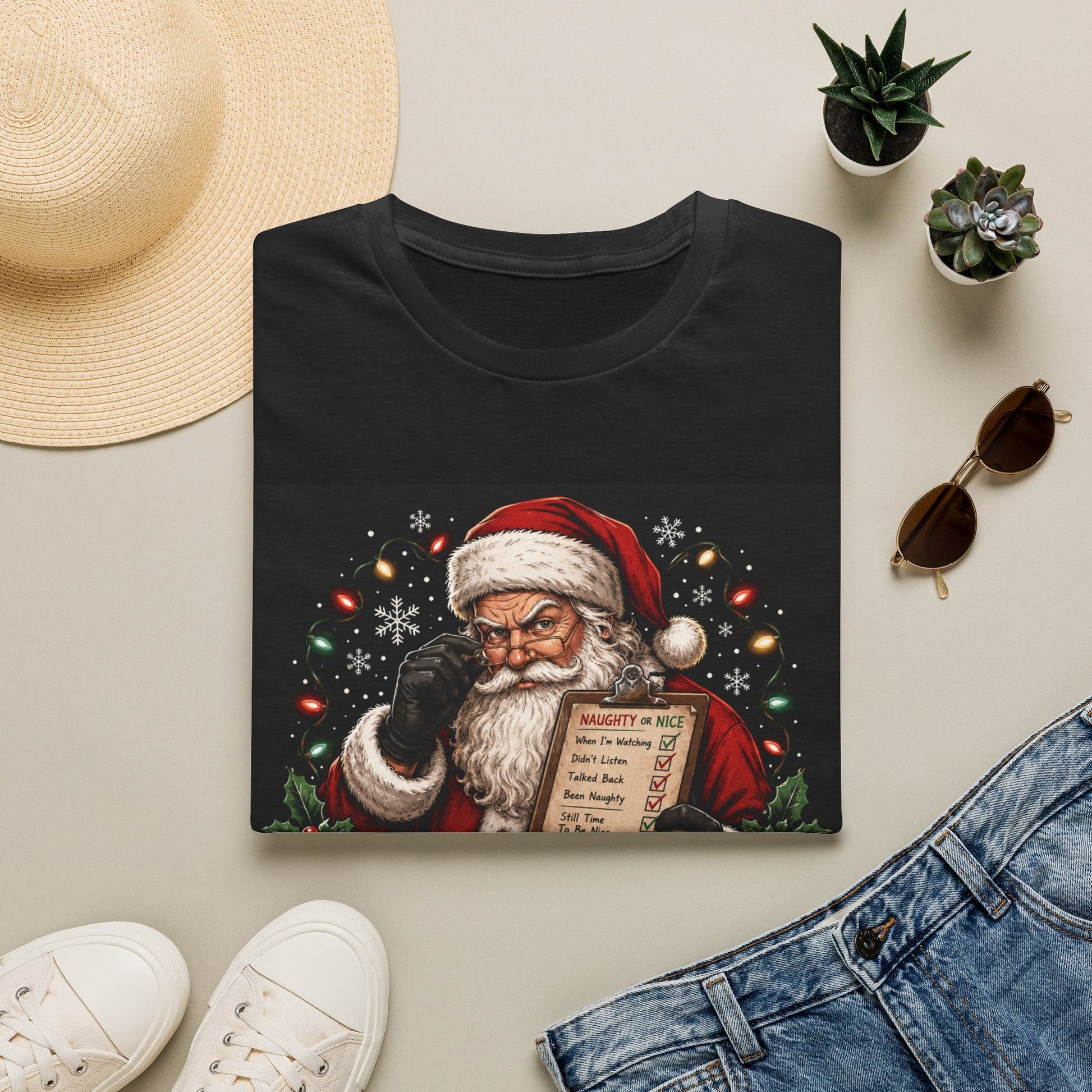 Folded Santa Saw That Christmas T-Shirt in black showing bold funny Santa Christmas design.