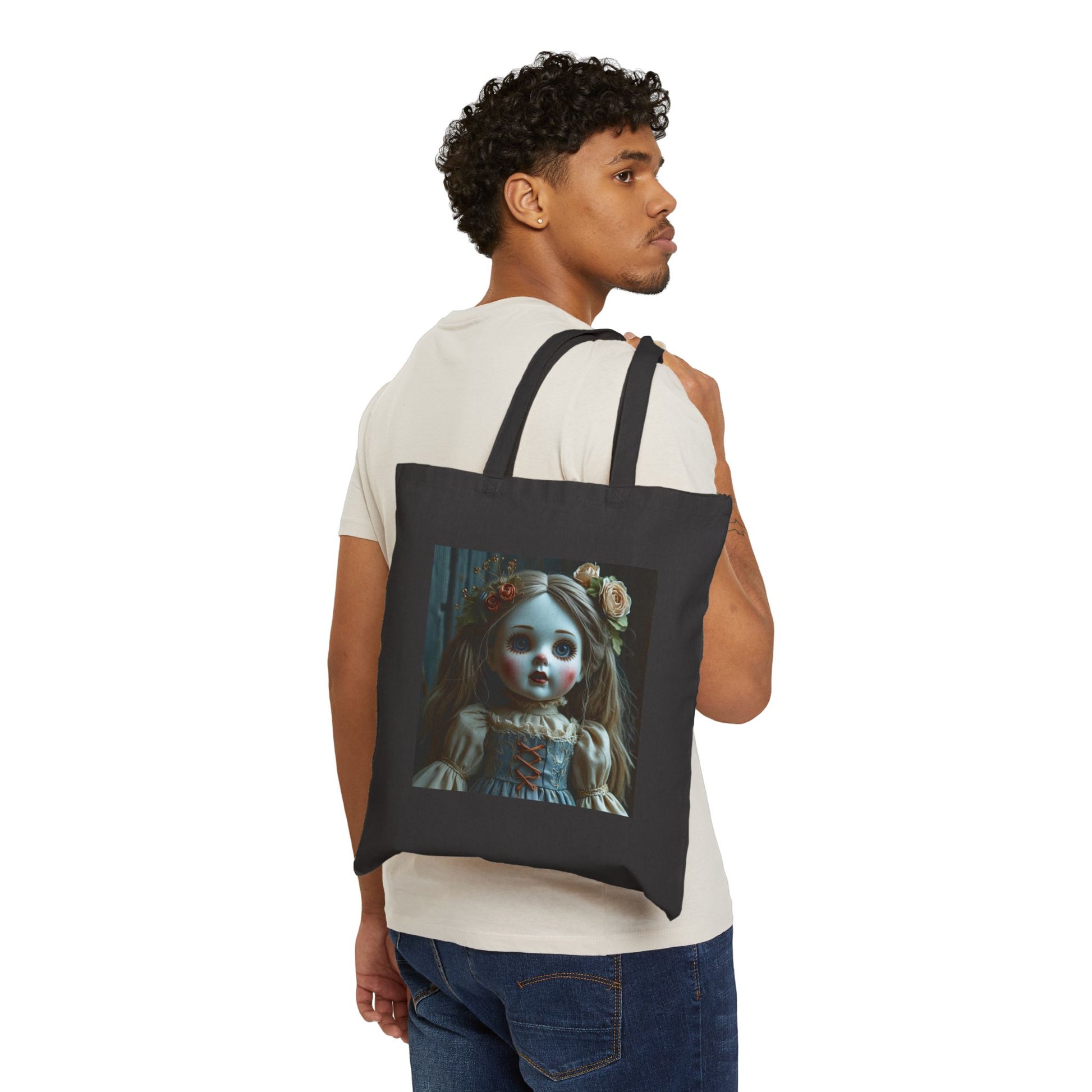 Ruby - Spooky Doll Canvas Tote Bag in Black