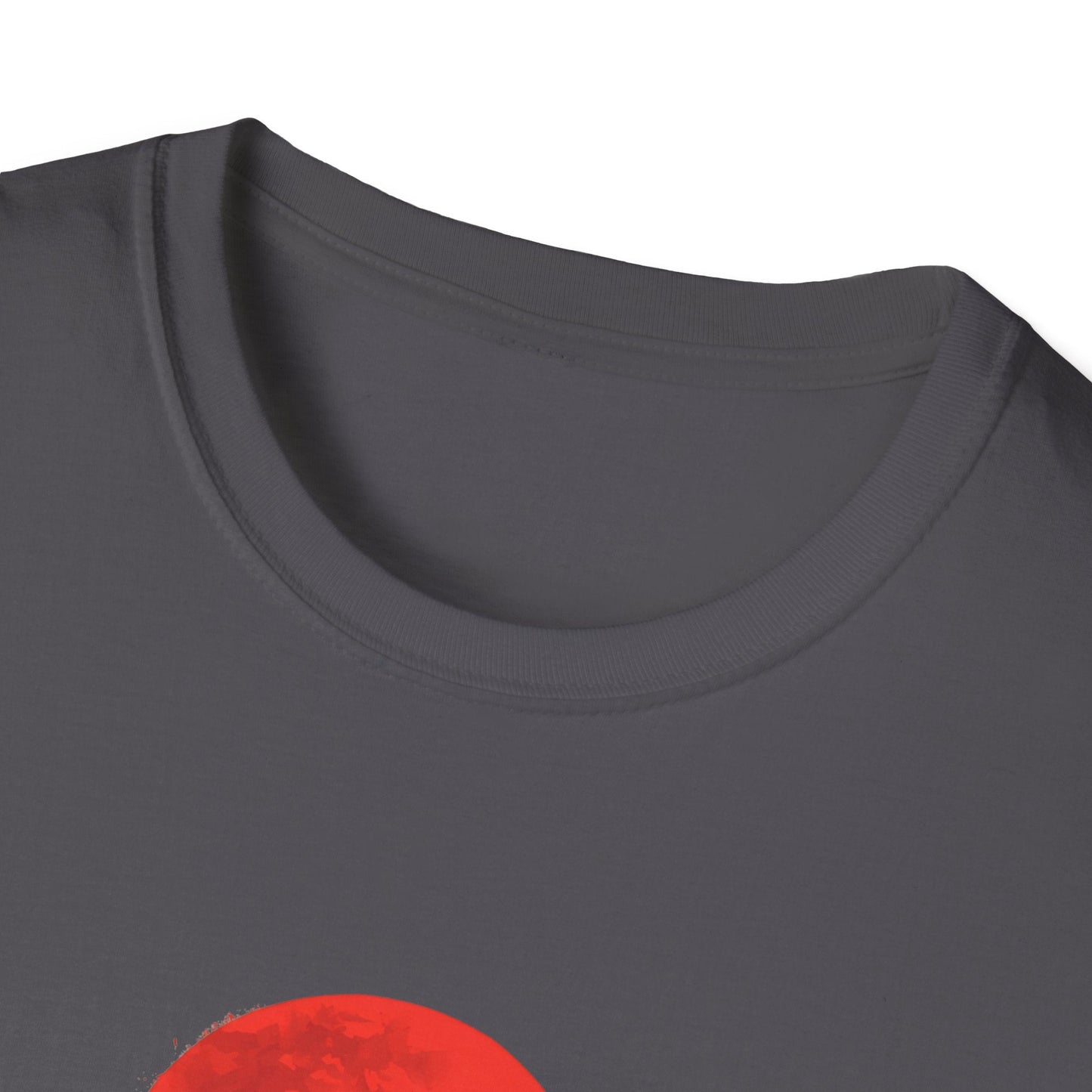 Close-up neckline view of the Silent Watch Ninja Beneath the Crimson Moon T-Shirt in charcoal with red moon ninja artwork visible on the front.
