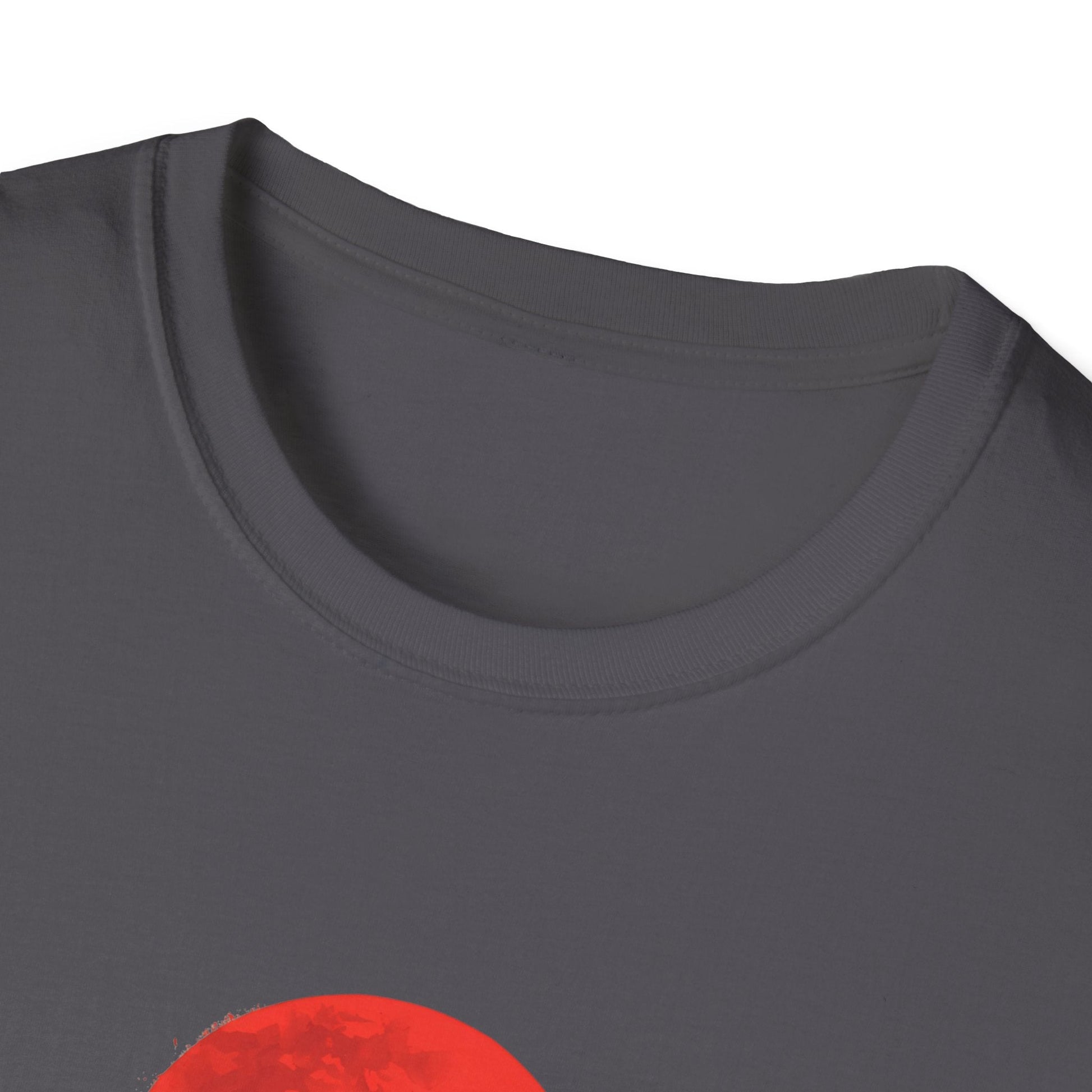 Close-up neckline view of the Silent Watch Ninja Beneath the Crimson Moon T-Shirt in charcoal with red moon ninja artwork visible on the front.