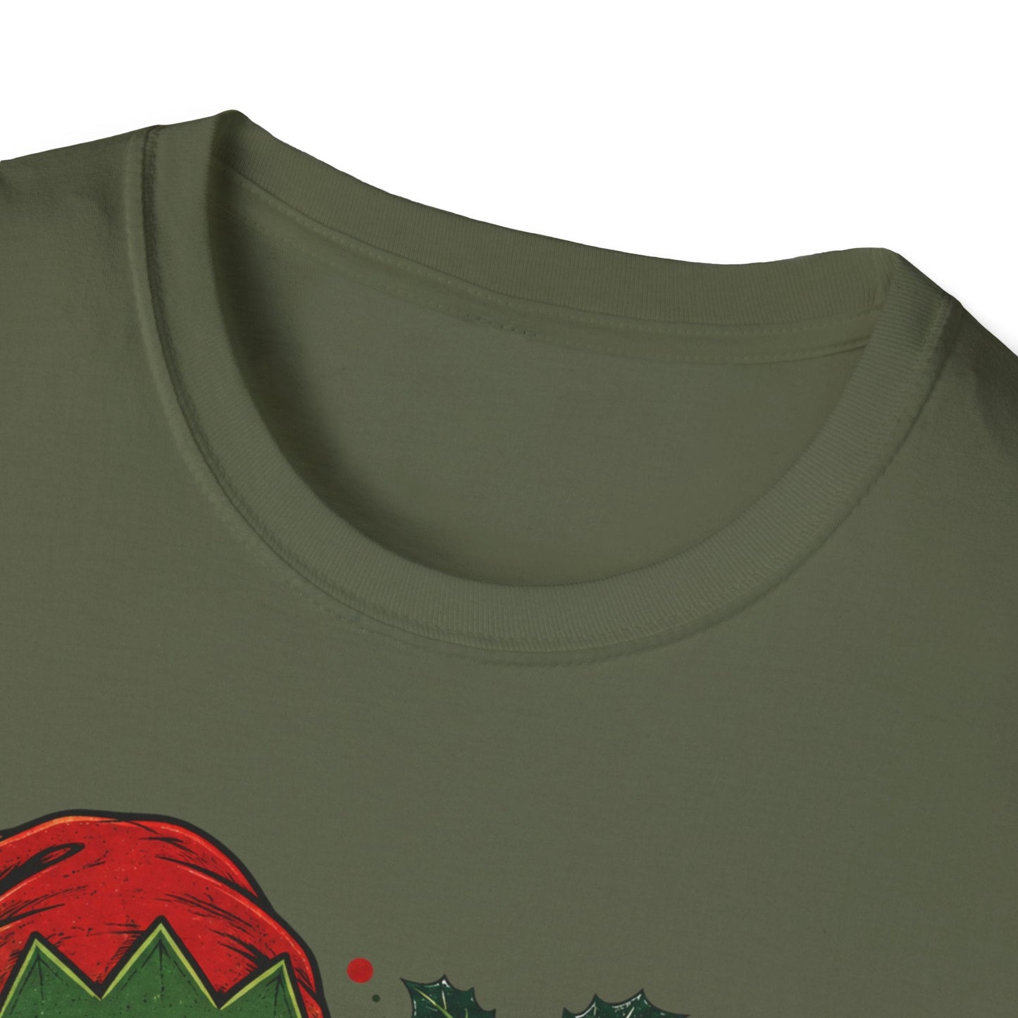 Close-up neckline image of the Resting Elf Face Sassy Elf Christmas T-Shirt in military green
