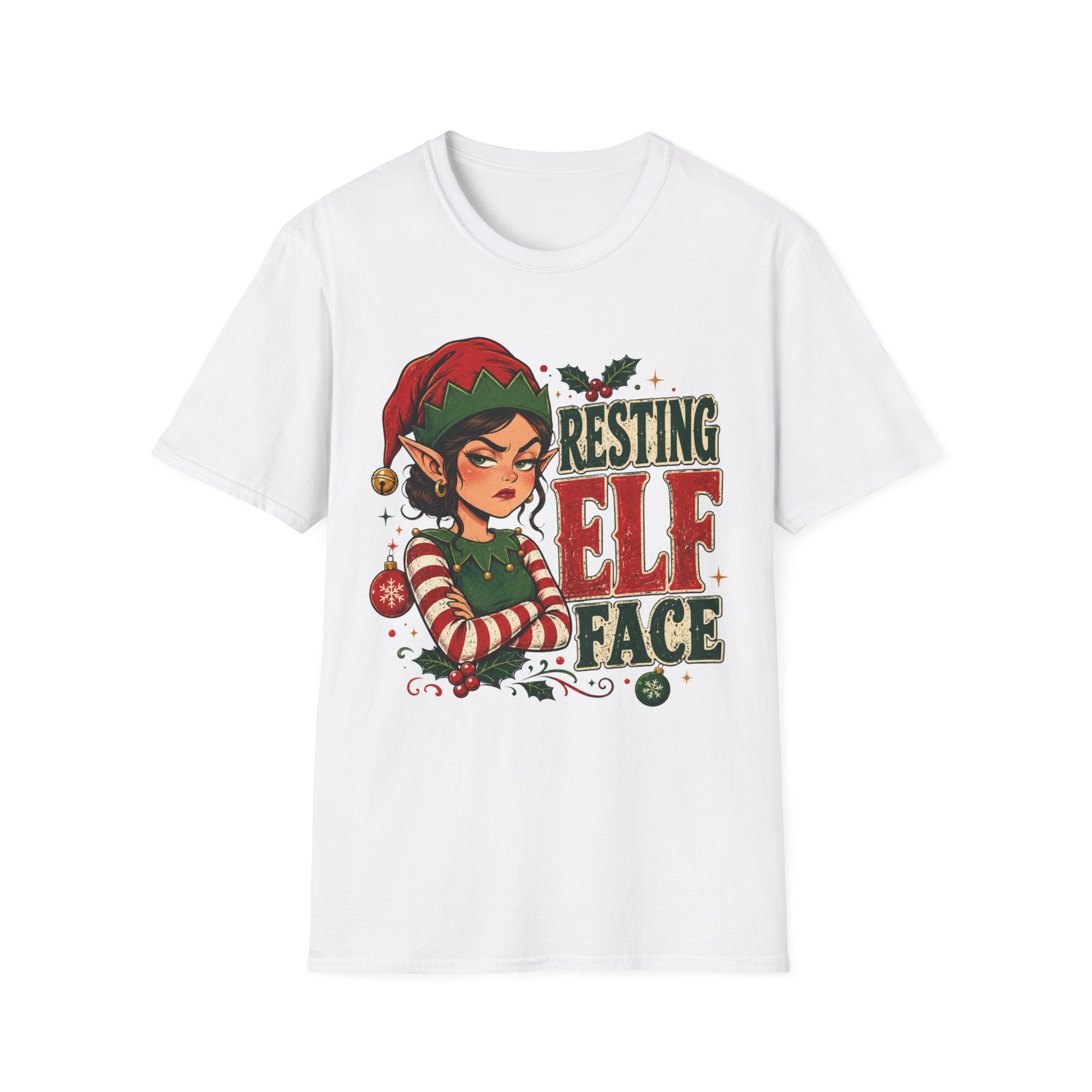 Resting Elf Face Sassy Elf Christmas T-Shirt in white, design featuring an unimpressed female elf with festive attitude.