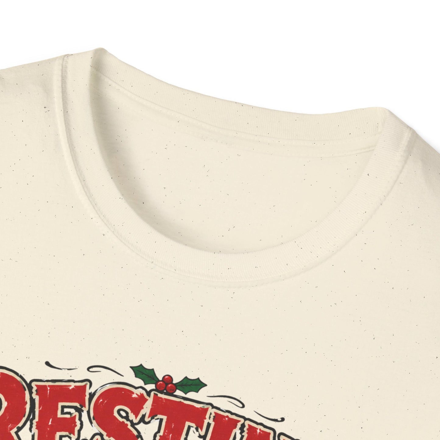 Close-up neckline image of the Resting Elf Face Christmas T-Shirt in natural 