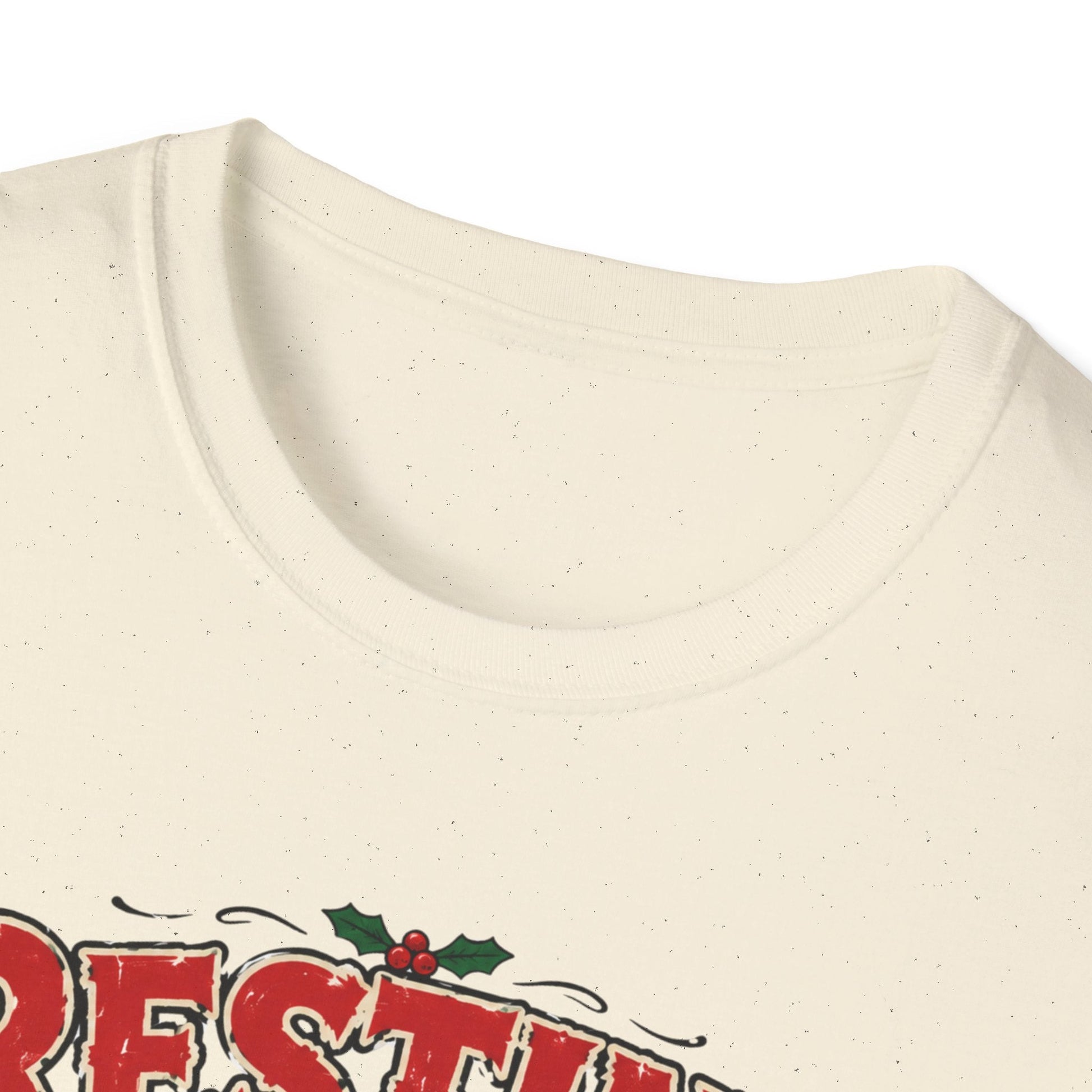 Close-up neckline image of the Resting Elf Face Christmas T-Shirt in natural 