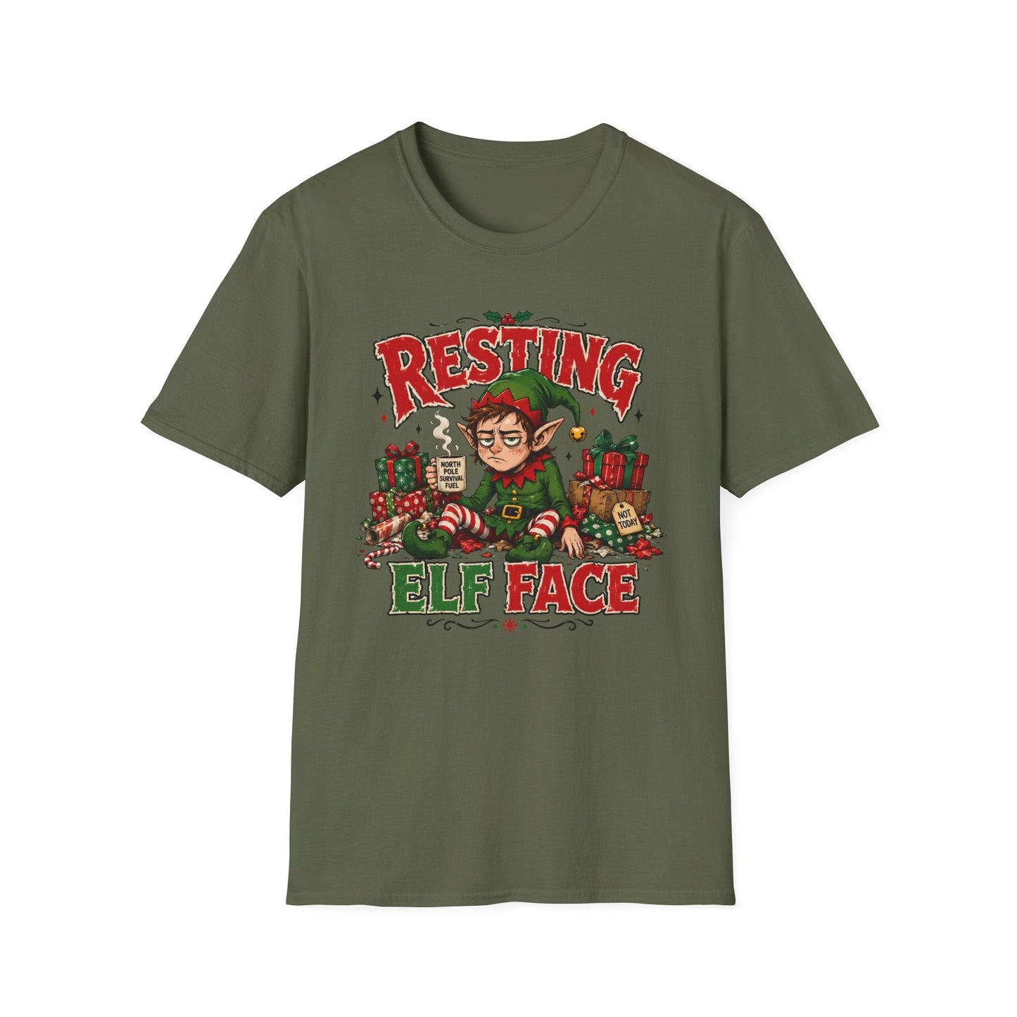 Resting Elf Face Christmas T-Shirt in military green, design featuring a tired elf with coffee, presents and funny festive attitude.