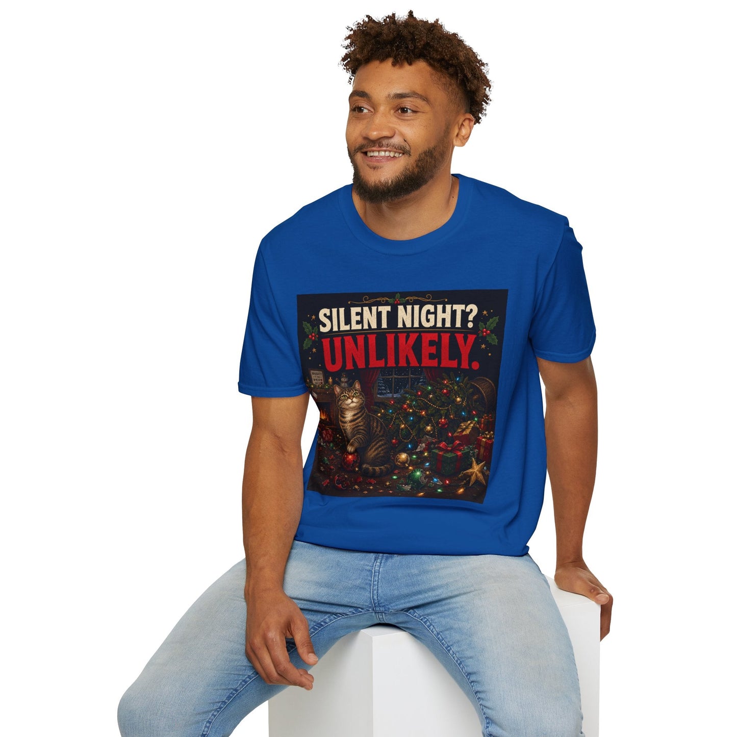 Model wearing the Silent Night? Unlikely. Cat Christmas T-Shirt in military blue with funny destroyed Christmas tree artwork.