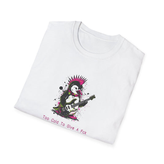 Too Cold To Give A Fck T-Shirt – Punk Penguin Grunge Cartoon Tee in White - Folded