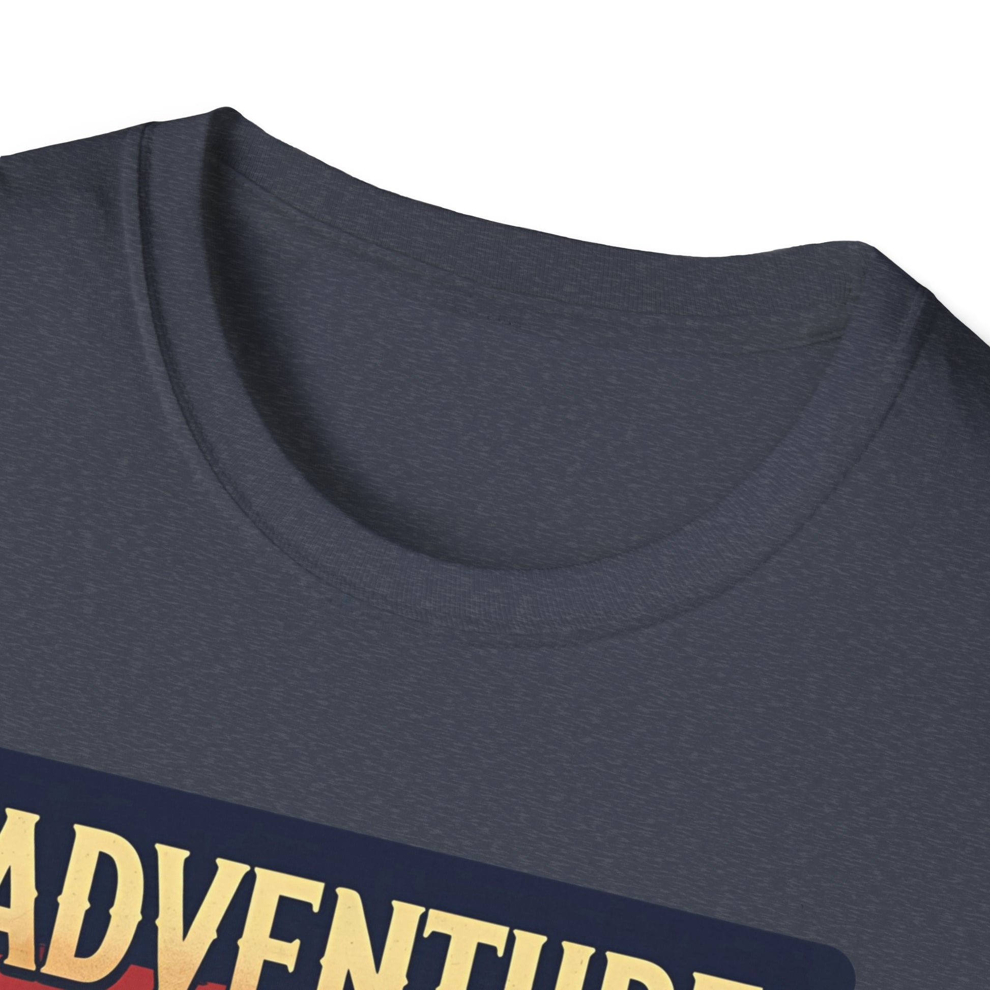 Adventure Awaits - Retro Camper Van Adventure T-Shirt in Heather Navy -Neckline