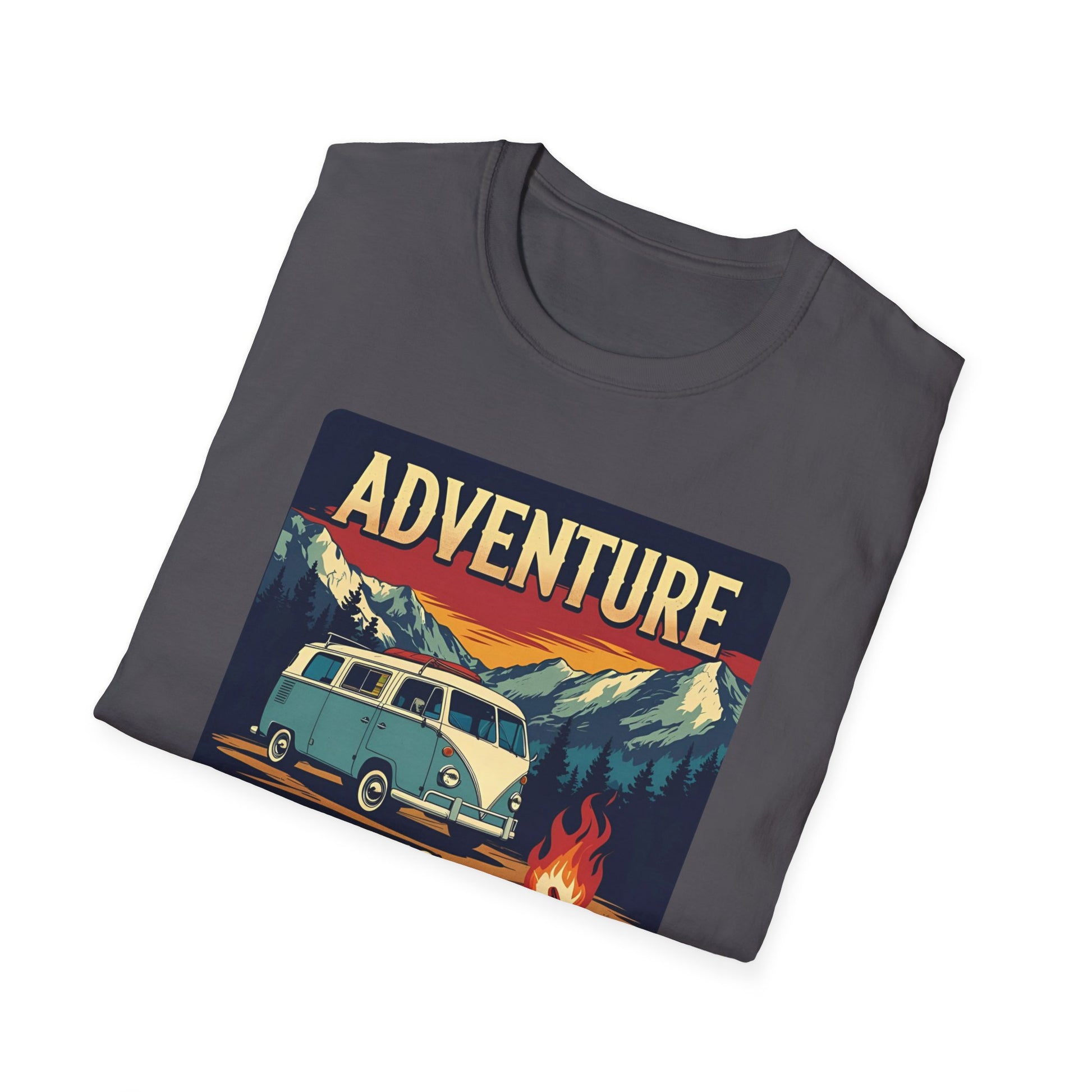 Adventure Awaits - Retro Camper Van Adventure T-Shirt in Charcoal - Folded