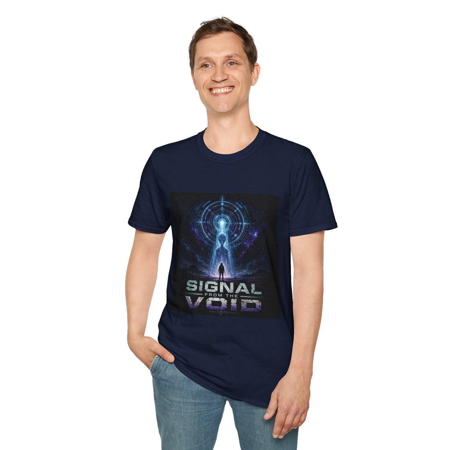 Signal from the Void T-Shirt in navy shown on model with mysterious alien sci-fi graphic design