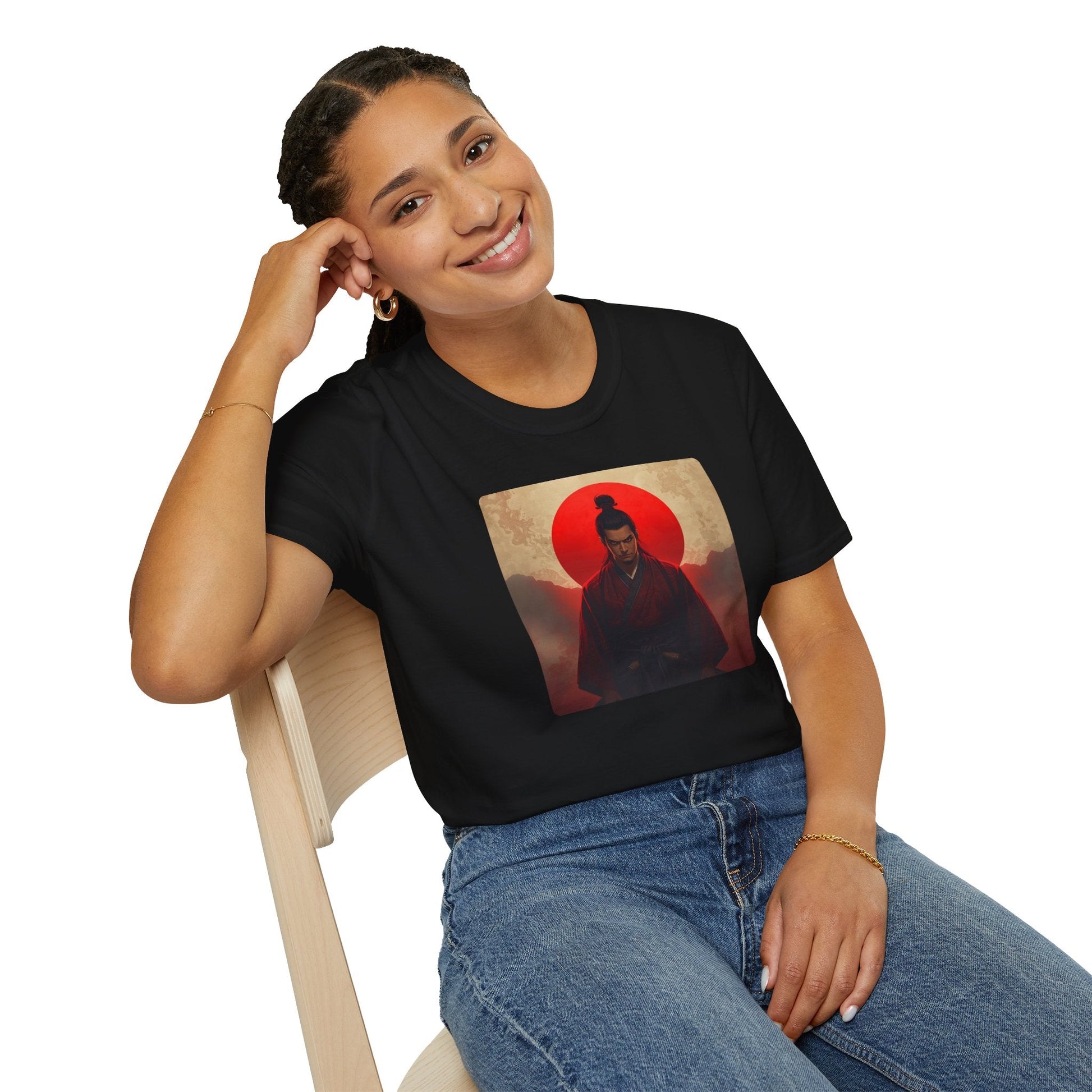 Model wearing the Samurai Sunset Warrior at the Edge of Day T-Shirt in black featuring a Japanese-inspired warrior beneath a red sunset.