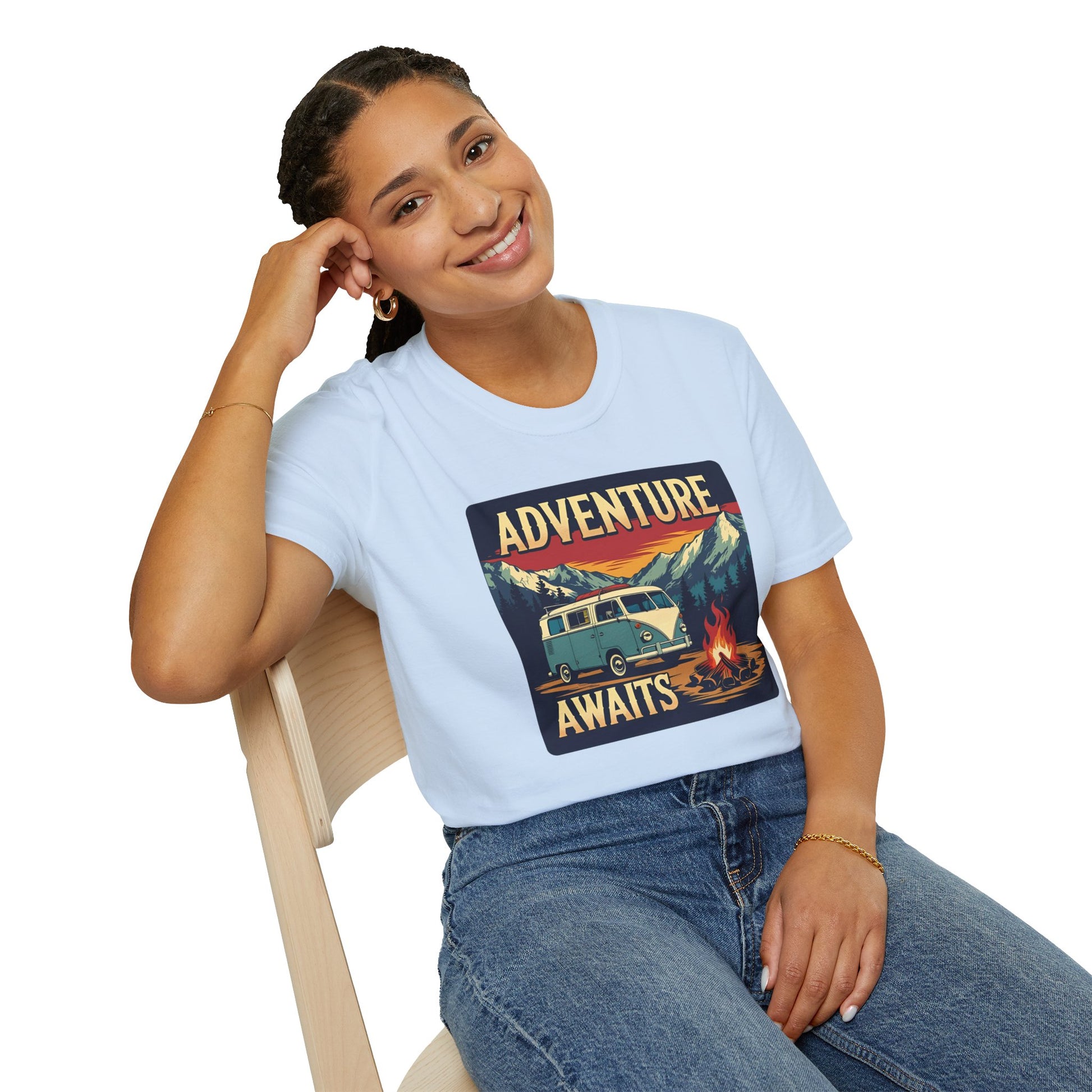 Adventure Awaits - Retro Camper Van Adventure T-Shirt in Light Blue