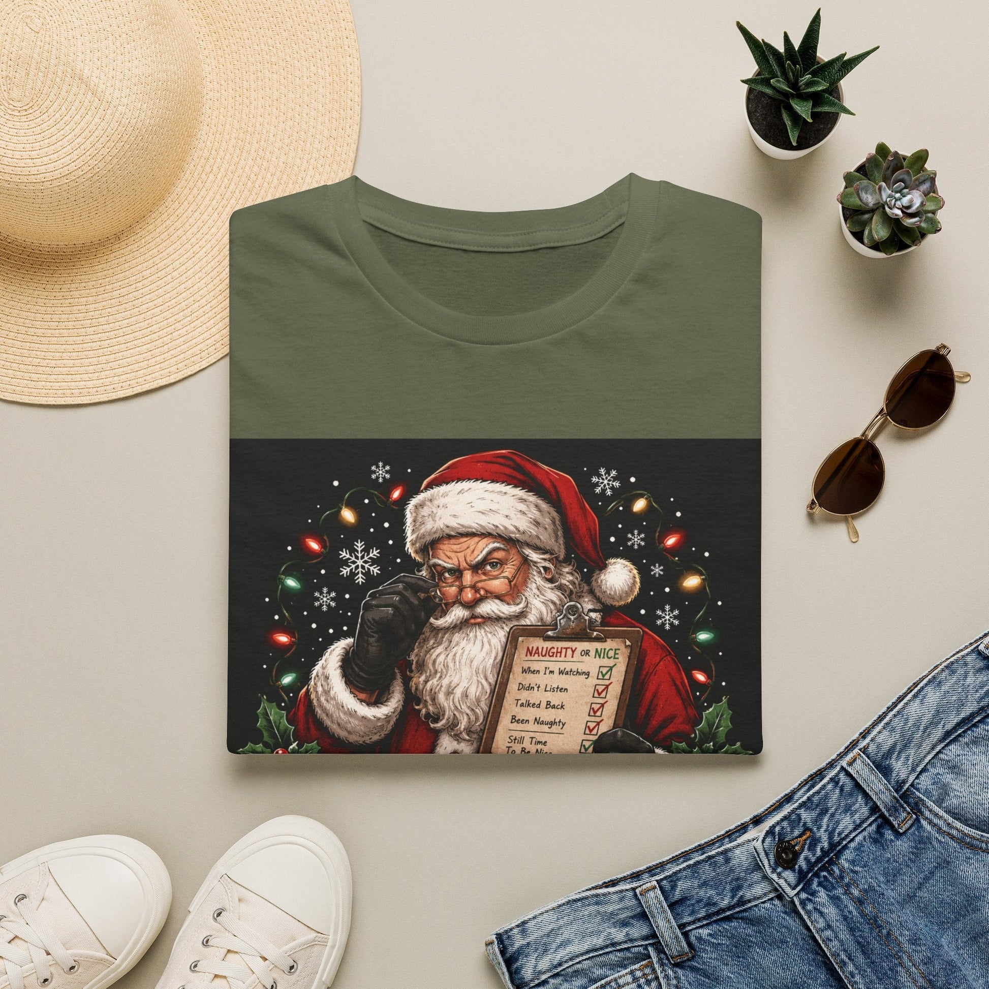 Folded Santa Saw That Christmas T-Shirt in military green showing bold funny Santa Christmas design.