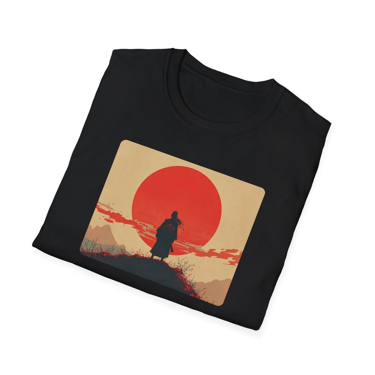 Folded Longing Samurai Beneath the Crimson Sun T-Shirt in black showing minimalist Japanese-inspired artwork with a lone samurai, crimson sun and quiet landscape.
