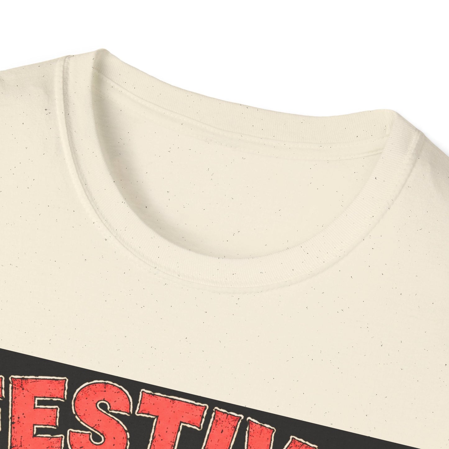 Close-up neckline image of the Festive But Tired Reindeer Christmas T-Shirt in natural