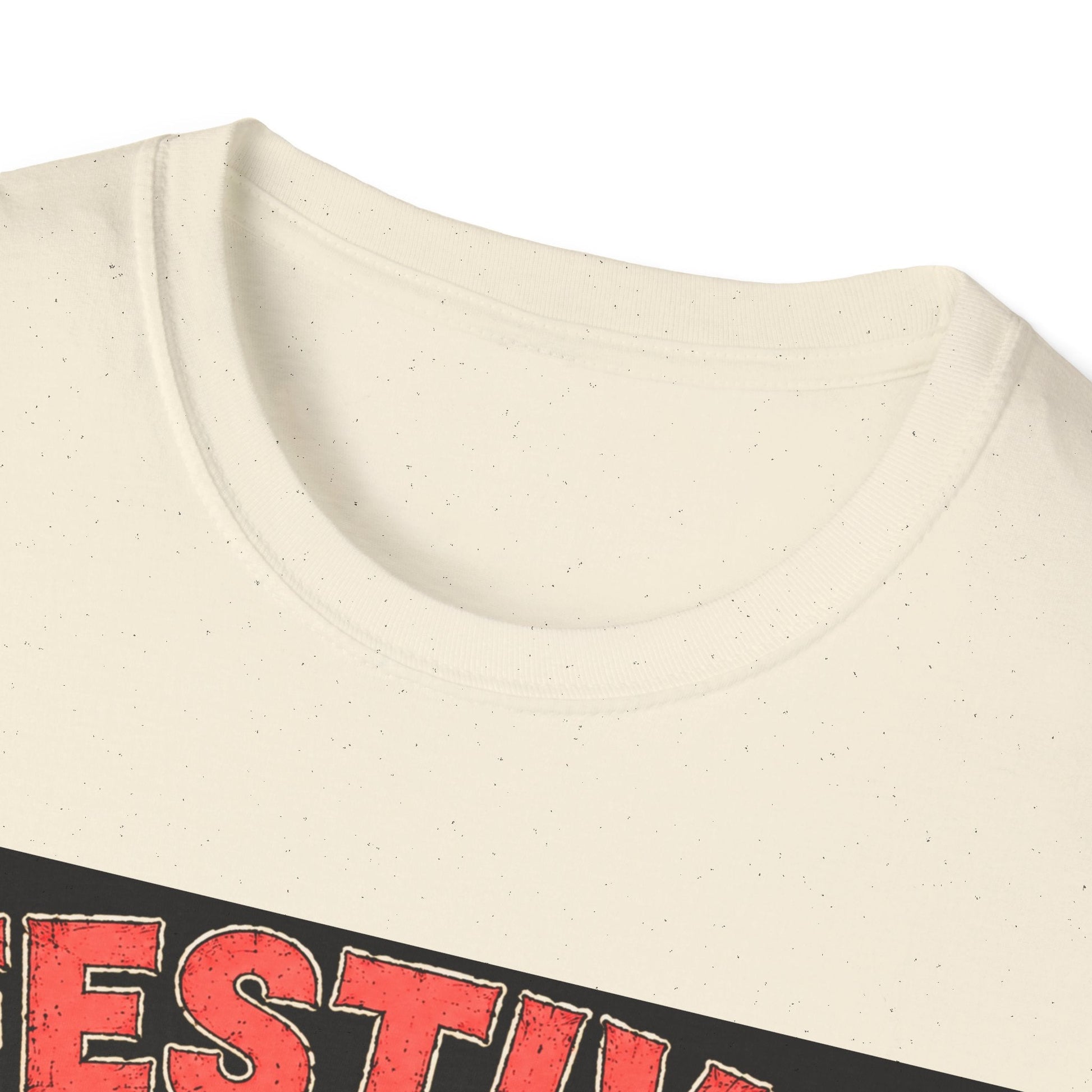 Close-up neckline image of the Festive But Tired Reindeer Christmas T-Shirt in natural