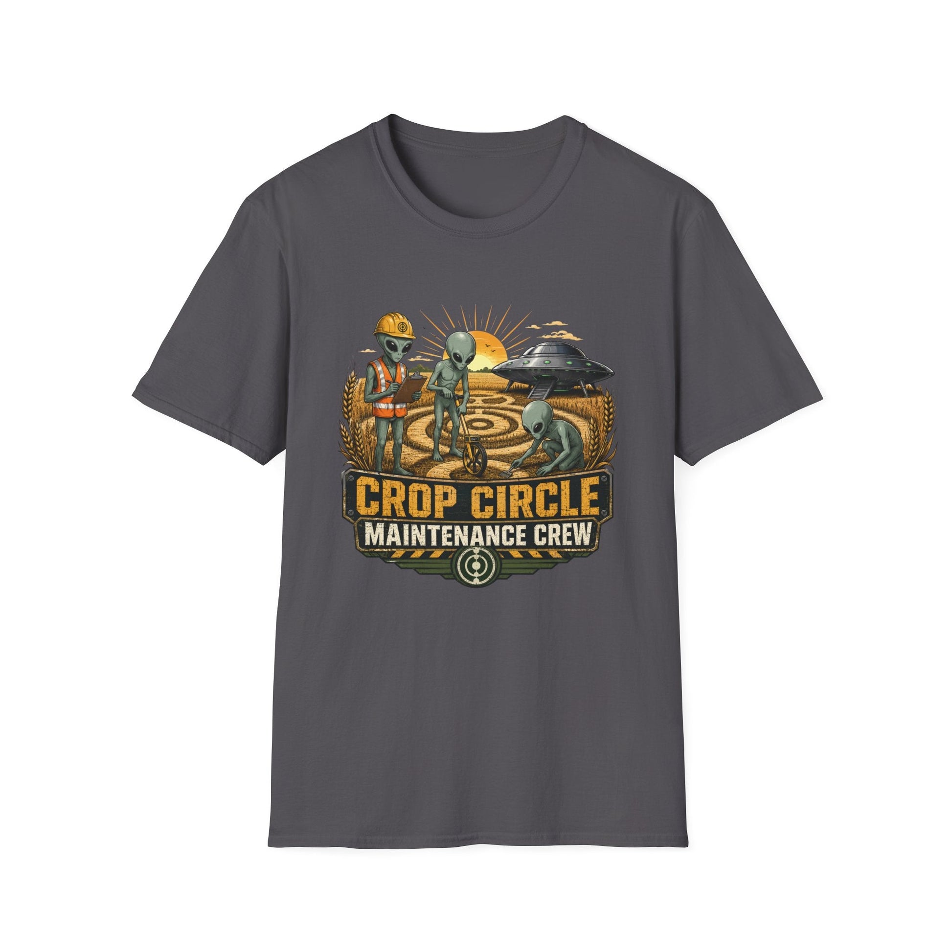 Crop Circle Maintenance Crew T-Shirt in charcoal, artwork featuring aliens maintaining a crop circle in a wheat field with a UFO and bold vintage work crew text.
