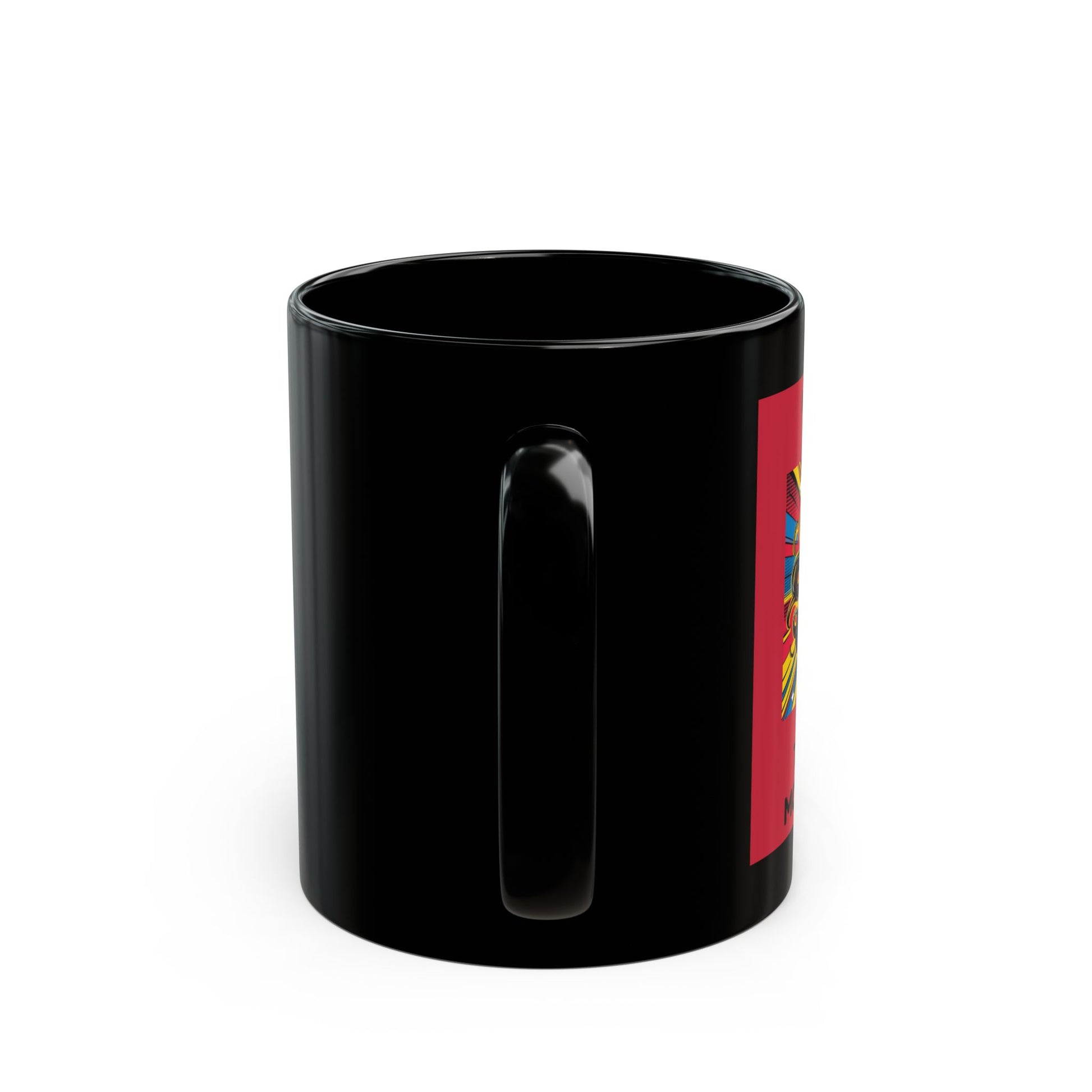Side View - Black mug with a colorful design 