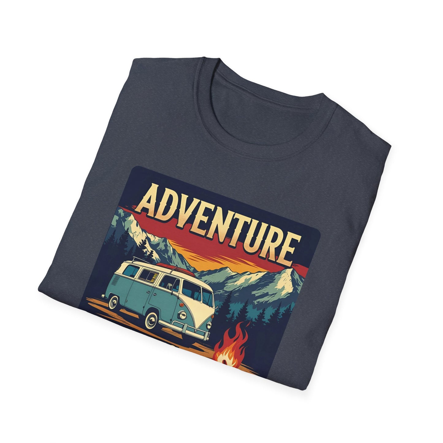 Adventure Awaits - Retro Camper Van Adventure T-Shirt in Heather Navy - Folded