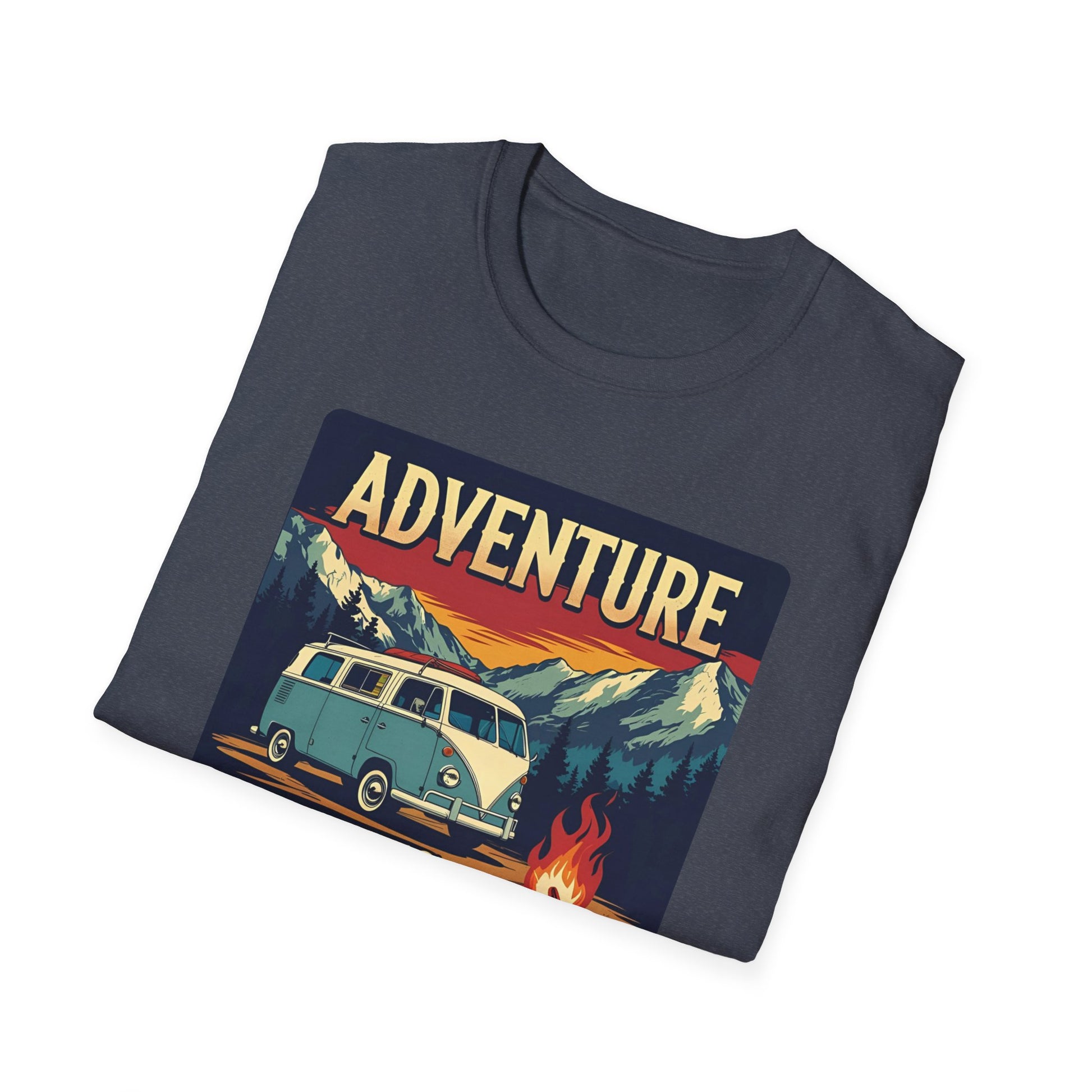 Adventure Awaits - Retro Camper Van Adventure T-Shirt in Heather Navy - Folded