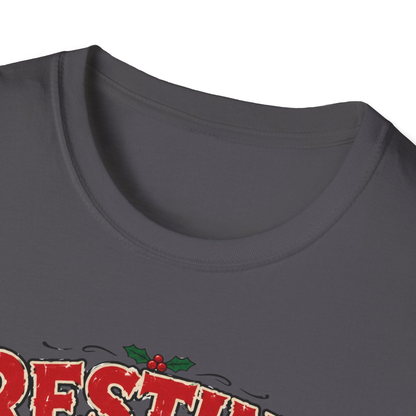 Close-up neckline image of the Resting Elf Face Christmas T-Shirt in charcoal