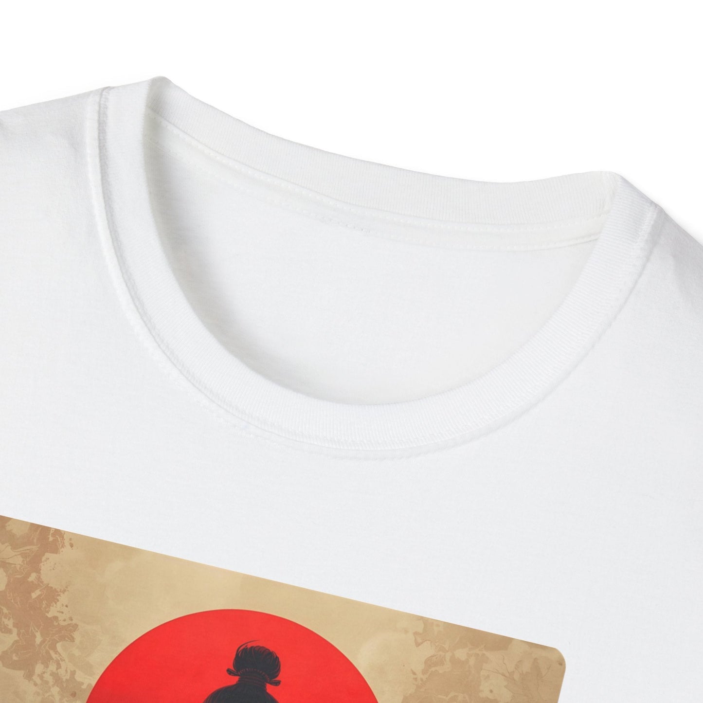 Close-up neckline view of the Samurai Sunset Warrior at the Edge of Day T-Shirt in white with Japanese-inspired warrior artwork visible on the front.