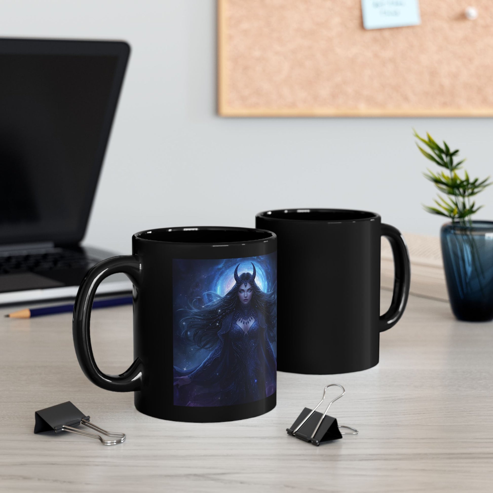 Nyx – Goddess of the Night Coffee Mug - two mugs with images of front and back view - black mug with image of Nyx