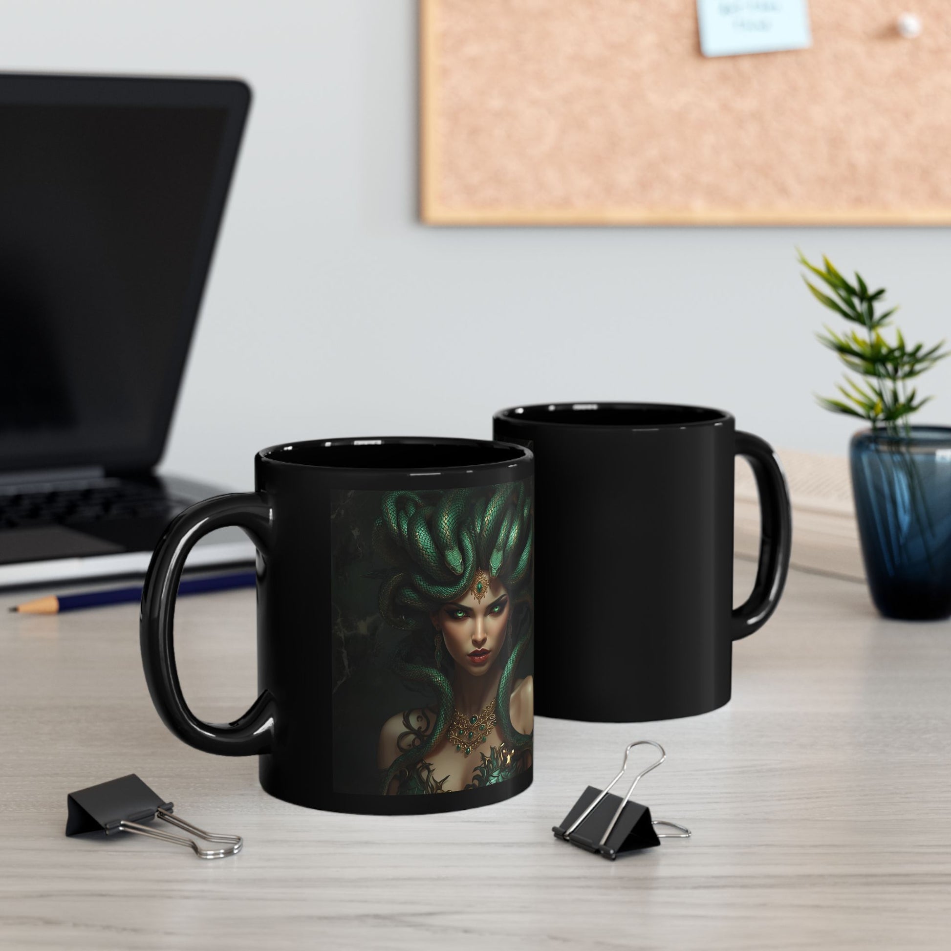 Medusa - Gilded Gaze Mug - two mugs with front and back view - black mug with Medusa image