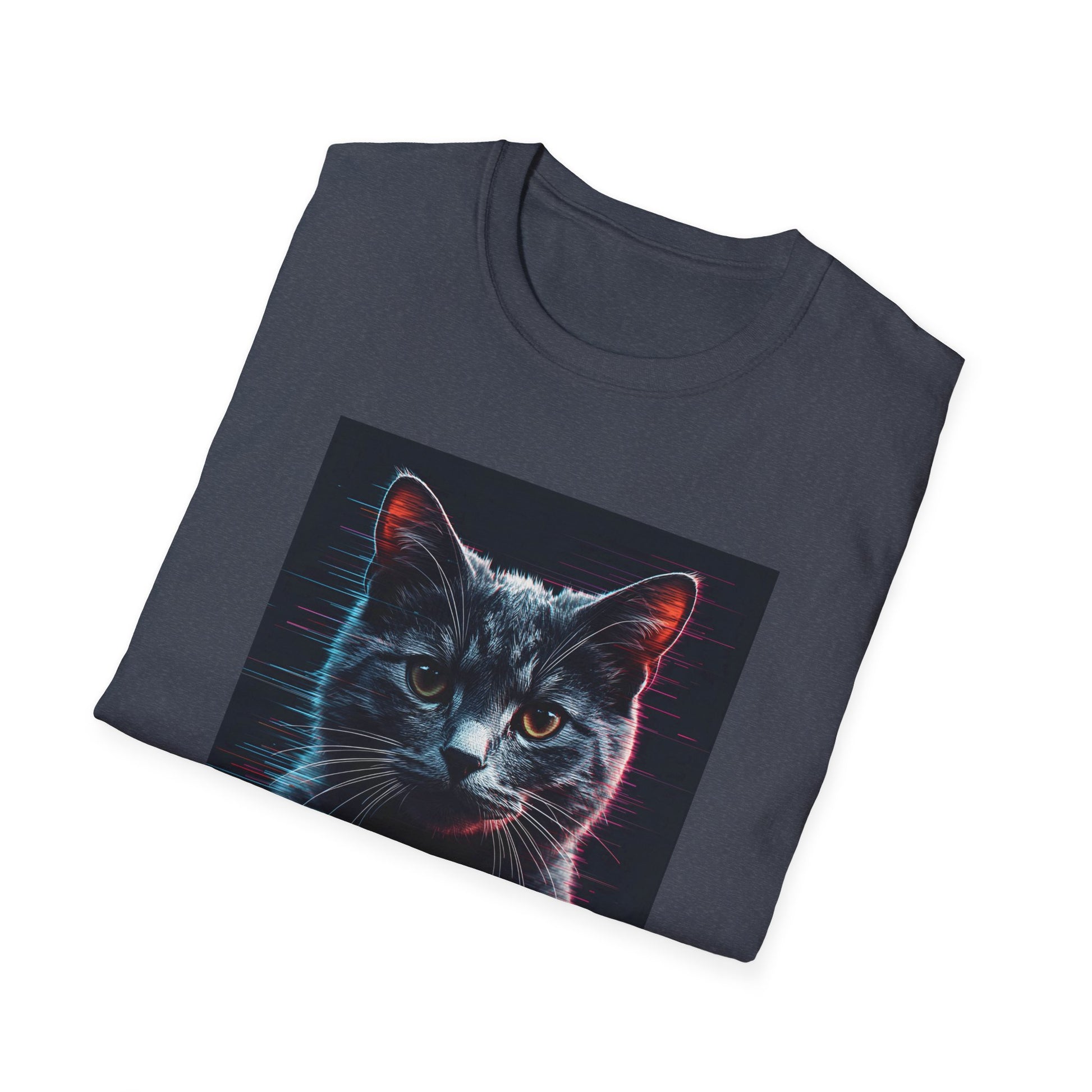 Pixellated Cat - Retro Meow Mode T-Shirt in Heather Navy - Folded