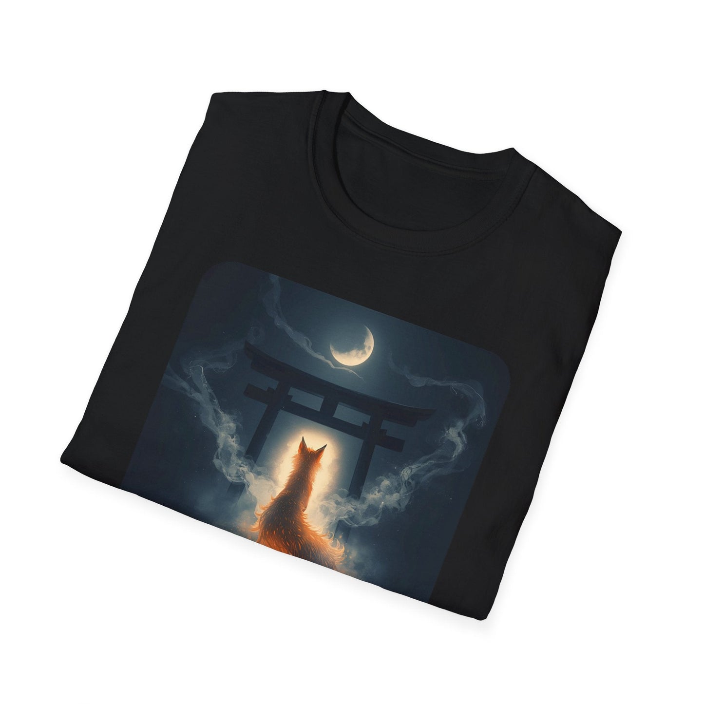Folded Into the Night Mystic Fox at the Torii T-Shirt in black showing mystical fox artwork with a torii gate, moonlit sky, smoke and glowing spirit fox.