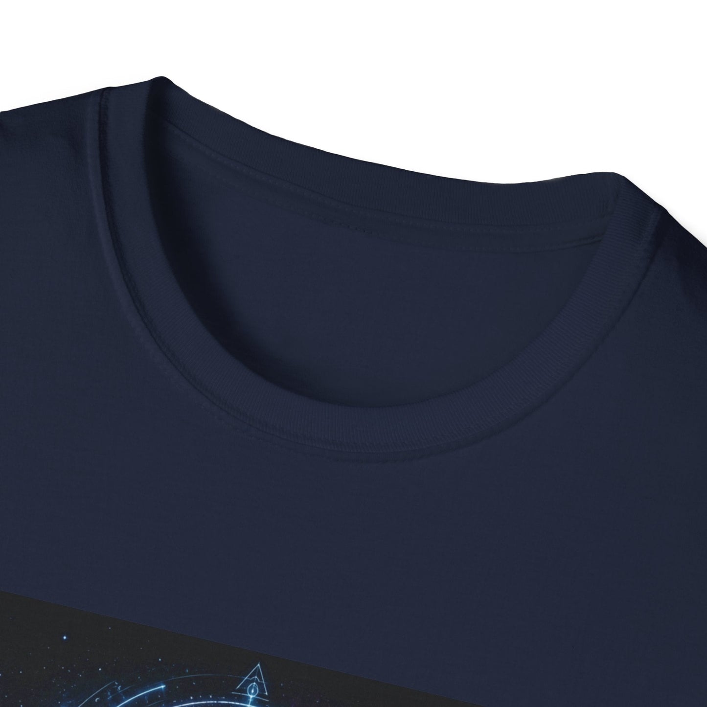 Neckline of Signal from the Void alien T-Shirt in navy with cosmic sci-fi artwork