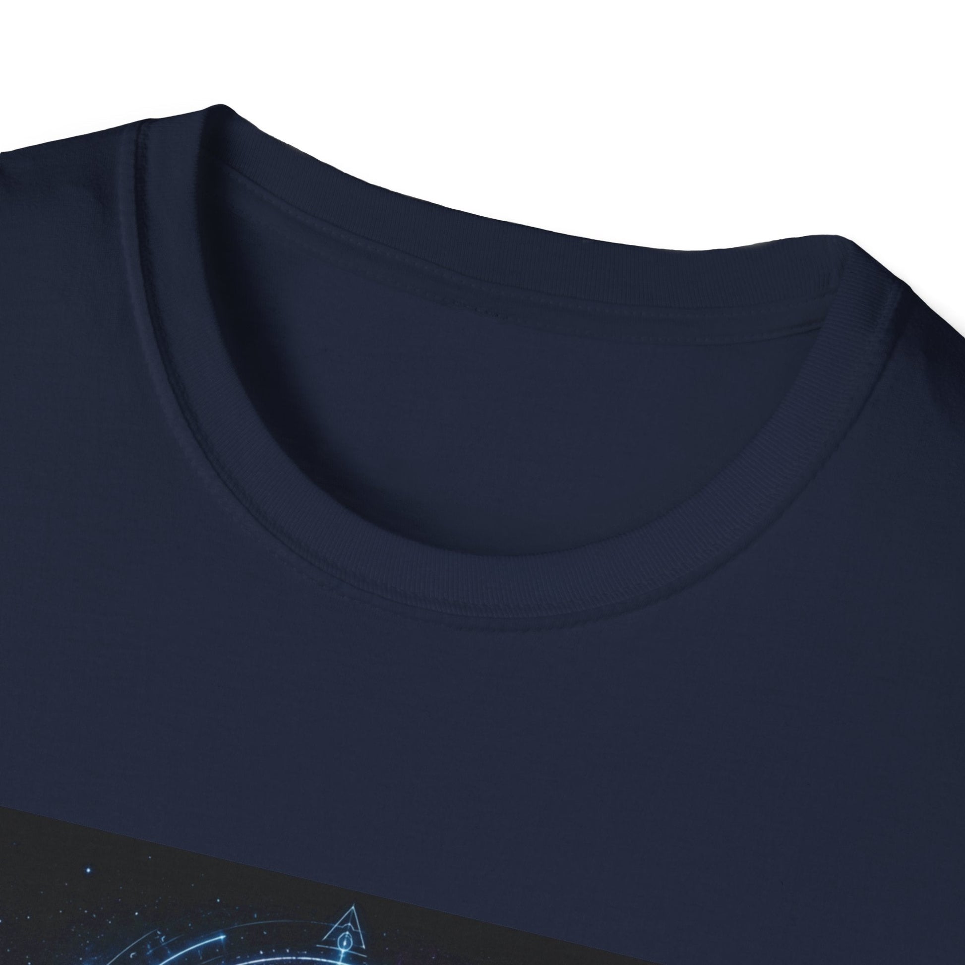 Neckline of Signal from the Void alien T-Shirt in navy with cosmic sci-fi artwork