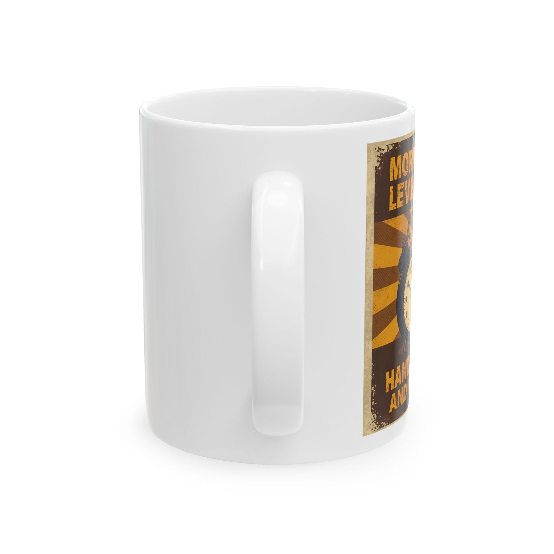 Morning Threat Level Critical - Funny Coffee Mug - side view - white mug with funny image