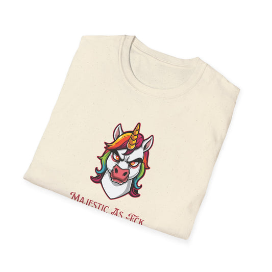 Majestic As Fck Unicorn T-Shirt – Angry Neon Rainbow Unicorn Tee in Natural - Folded