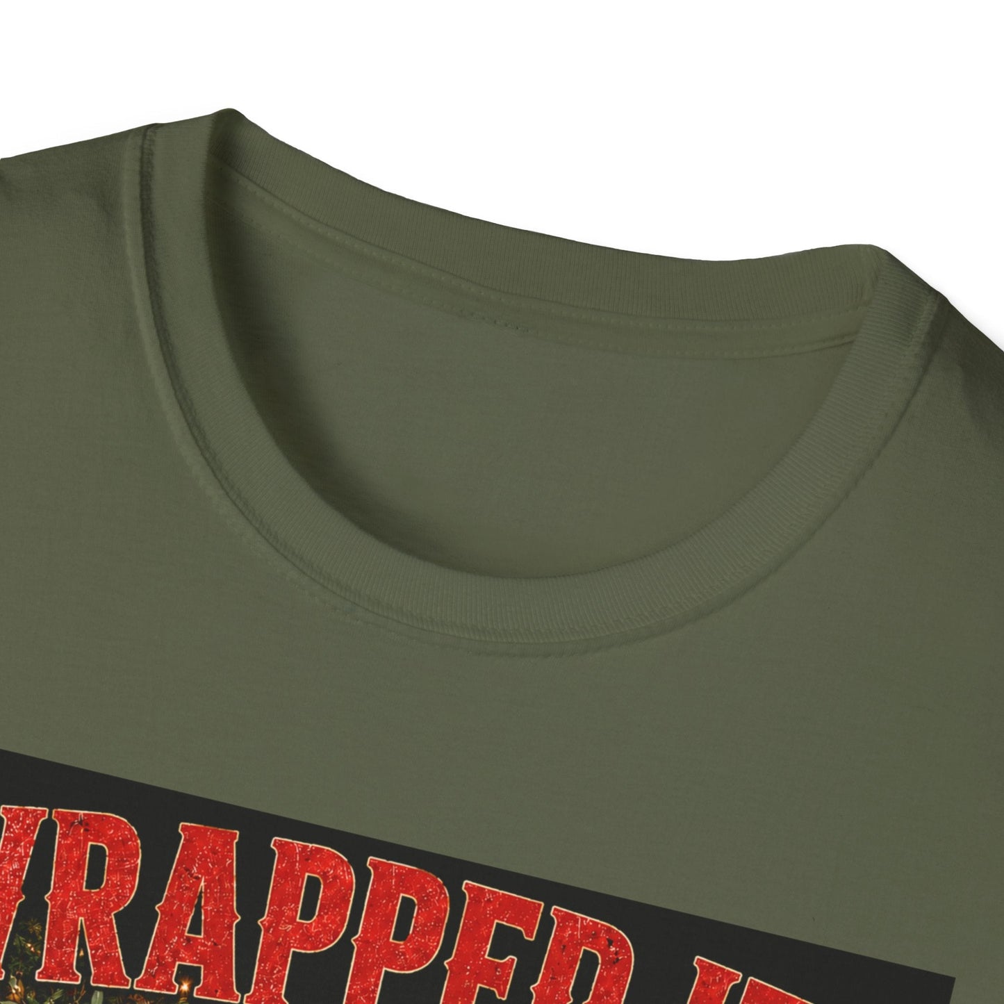 Close-up neckline image of the Wrapped It. Regretted It. Koala Christmas T-Shirt in military green