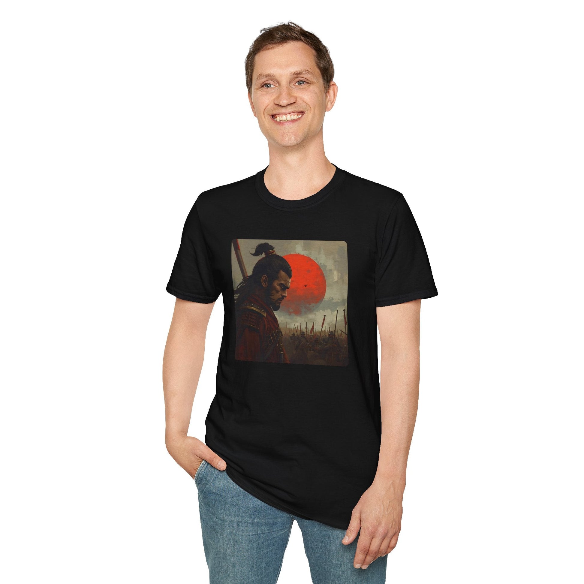 Model wearing the After the Silence Samurai Beneath the Blood Moon T-Shirt in black featuring a Japanese-inspired samurai warrior beneath a dramatic red moon.