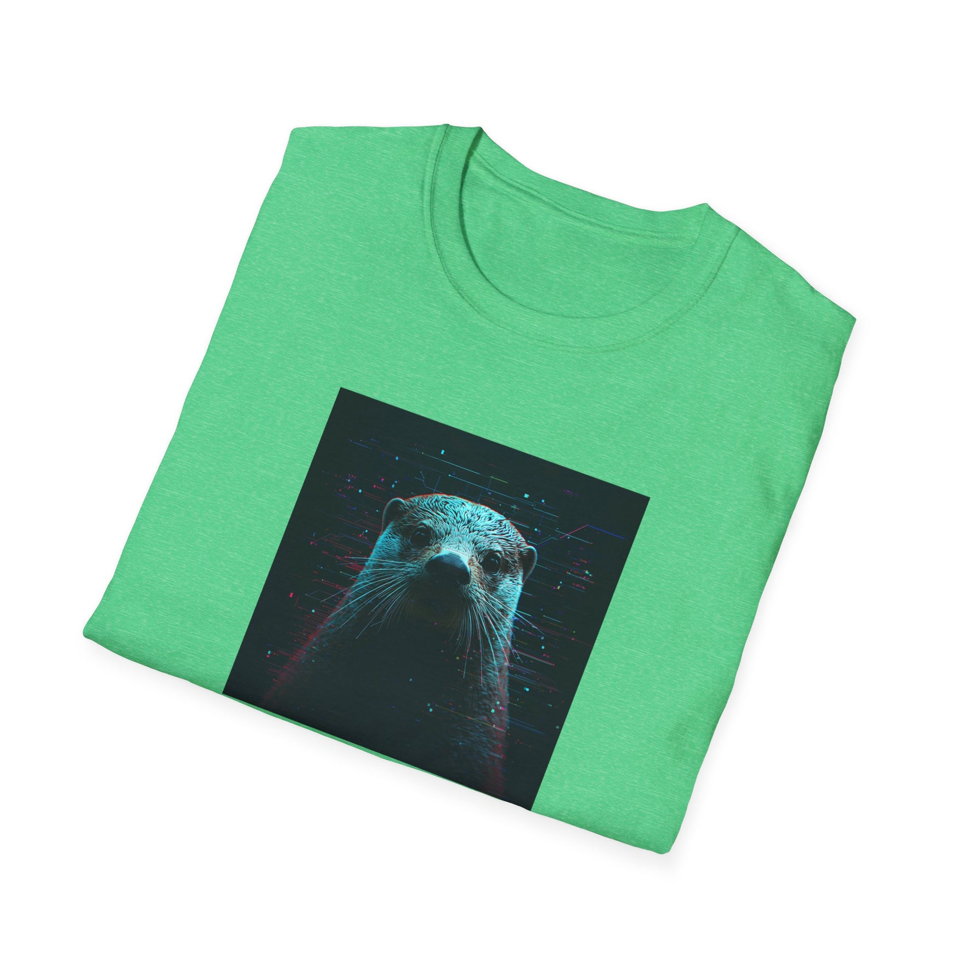 Pixellated Otter — Otterly Retro Gamer Tee in Heather Irish Green - Folded