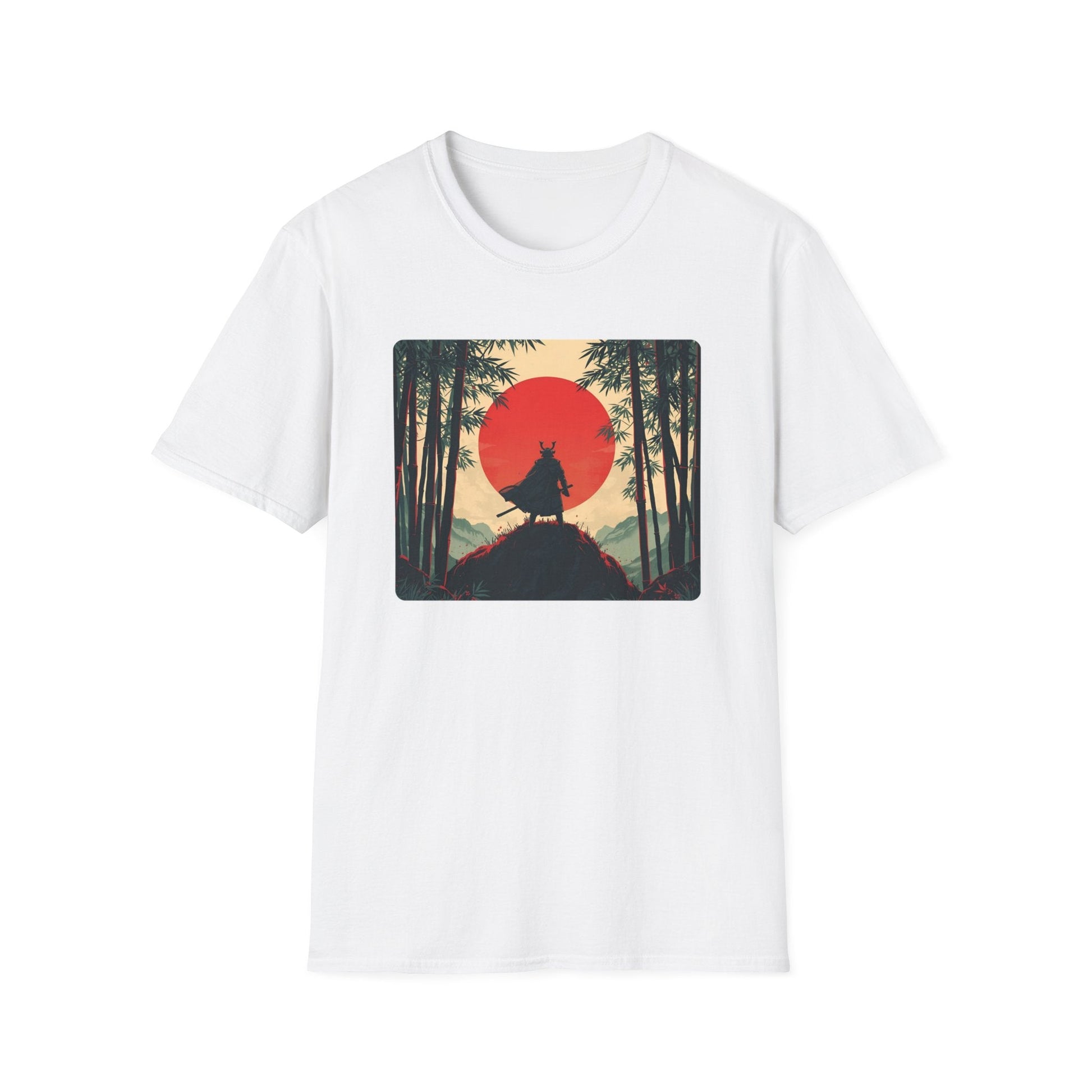 Solitude Lone Samurai Under the Crimson Moon T-Shirt in white artwork featuring a lone samurai silhouette on a hill, surrounded by bamboo and a dramatic crimson moon.