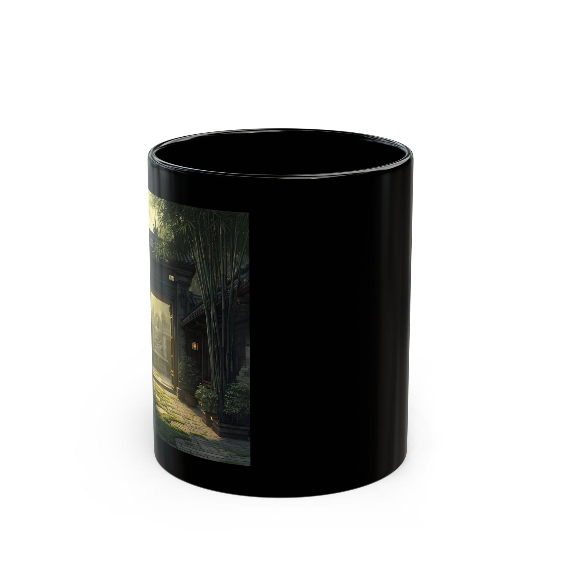 Dawn at the Courtyard Mug - Side View -Black mug with a scenic design 