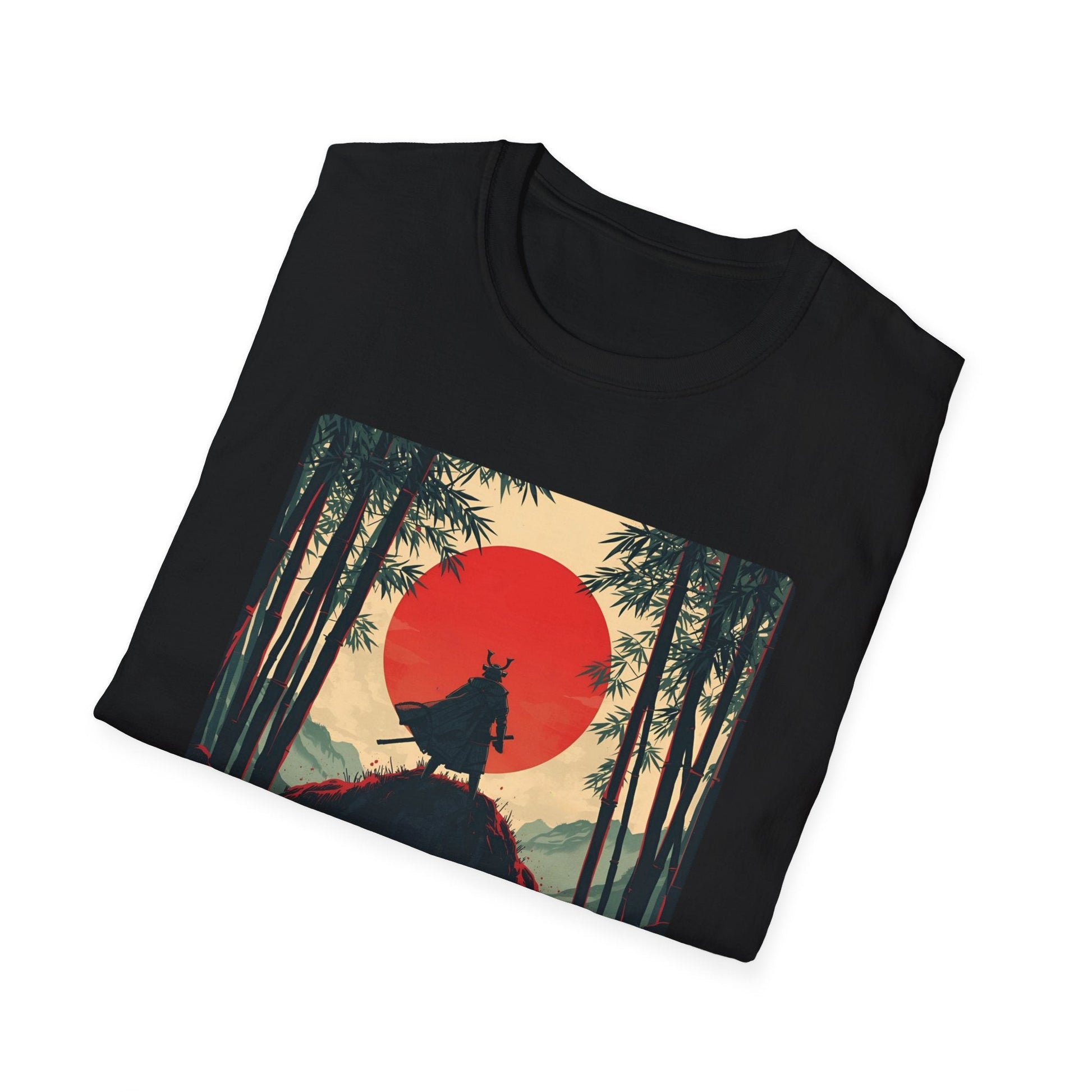 Folded Solitude Lone Samurai Under the Crimson Moon T-Shirt in black showing Japanese-inspired artwork with a lone samurai, bamboo forest, dark landscape and crimson moon.