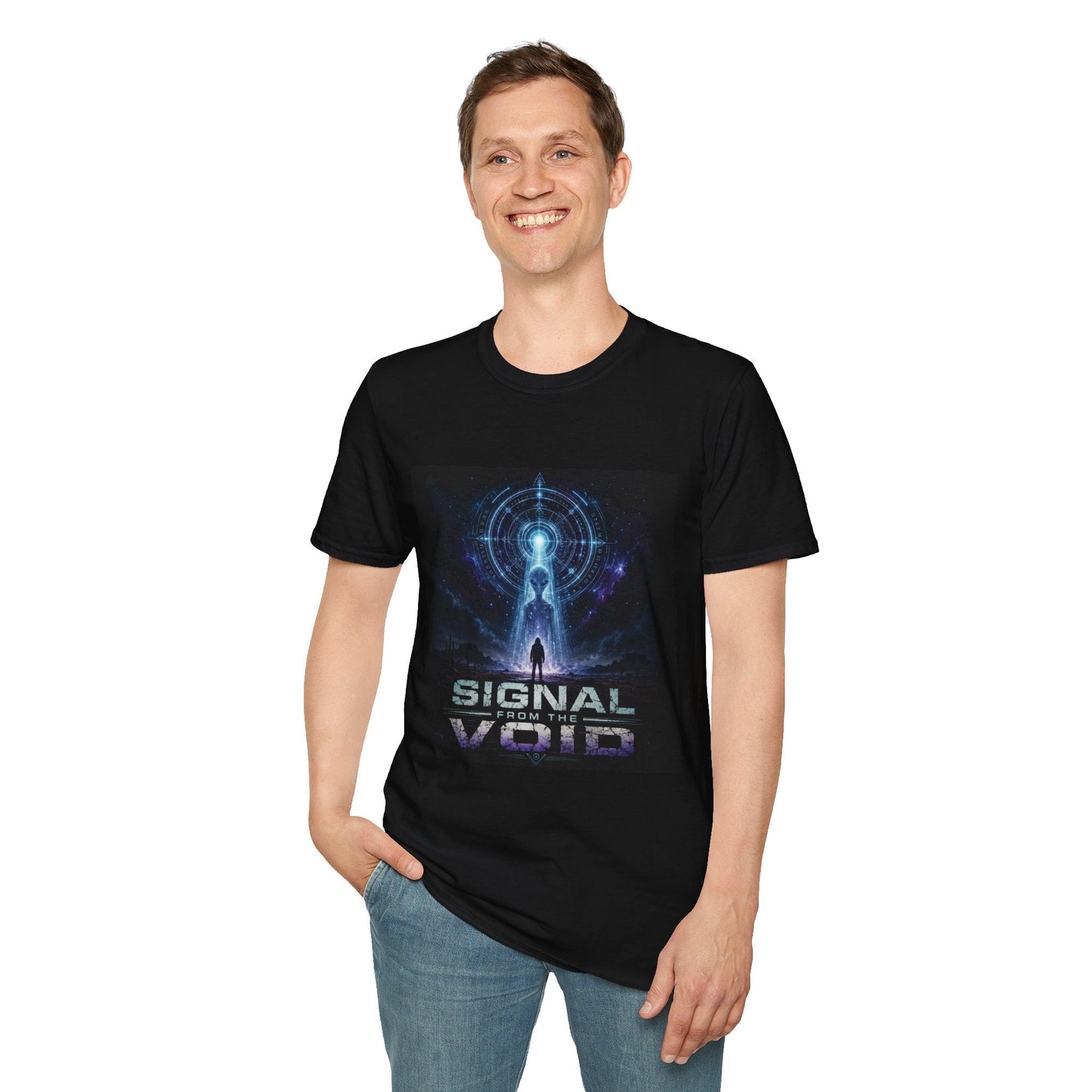 Signal from the Void T-Shirt in black shown on model with mysterious alien sci-fi graphic design