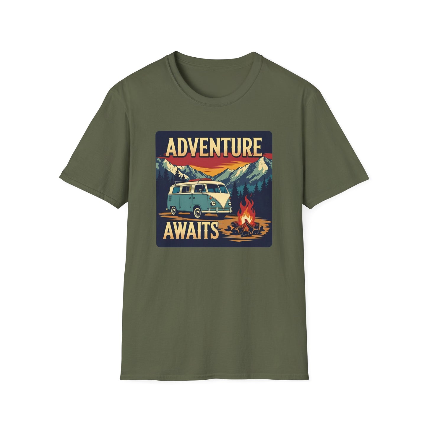 Adventure Awaits - Retro Camper Van Adventure T-Shirt in Military Green