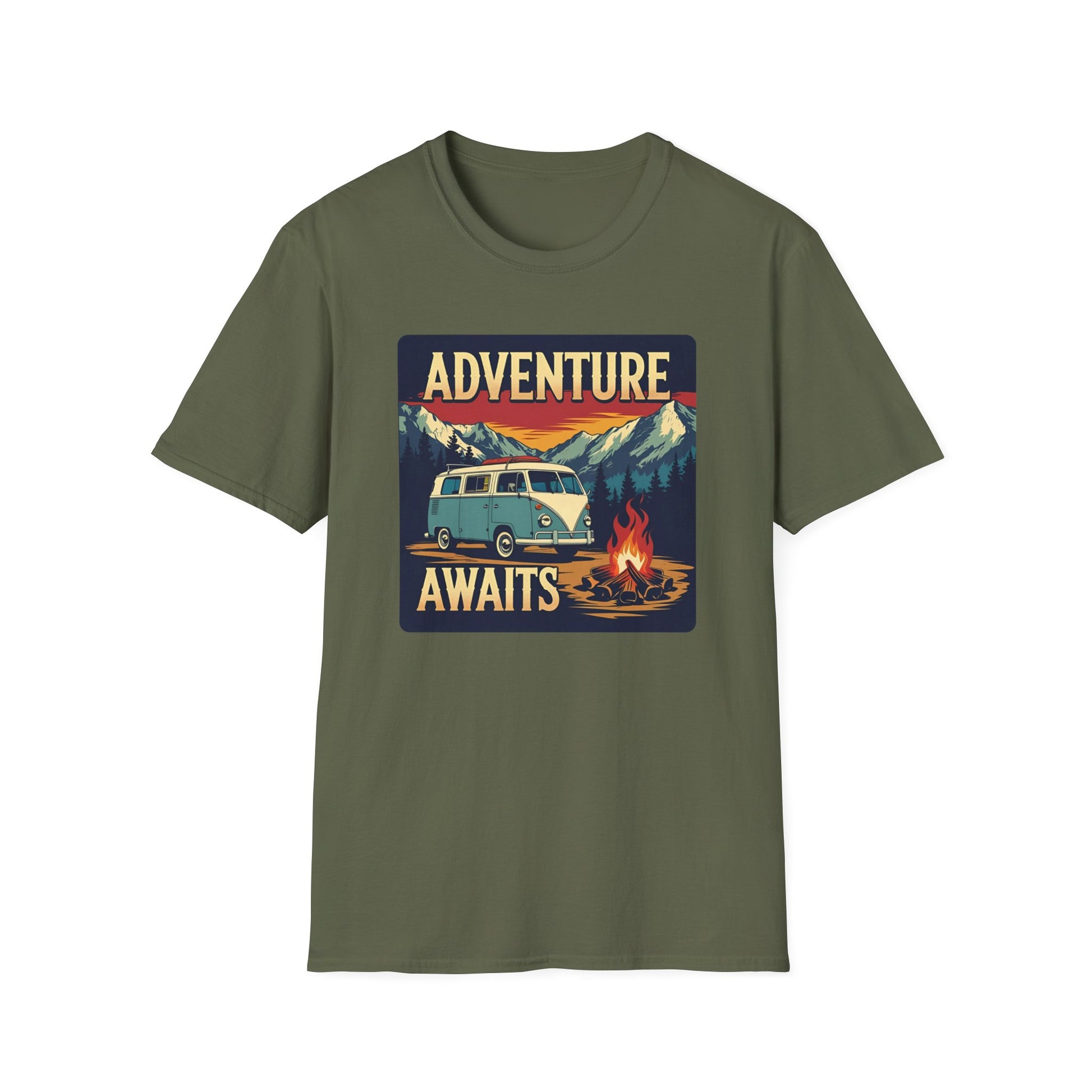 Adventure Awaits - Retro Camper Van Adventure T-Shirt in Military Green