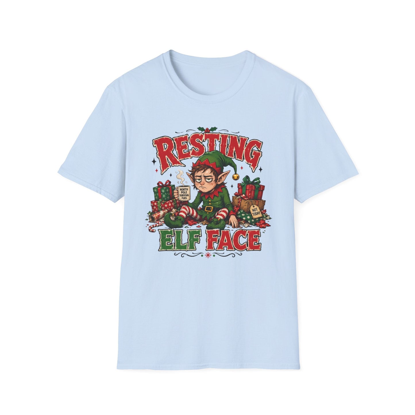 Resting Elf Face Christmas T-Shirt in light blue, design featuring a tired elf with coffee, presents and funny festive attitude.
