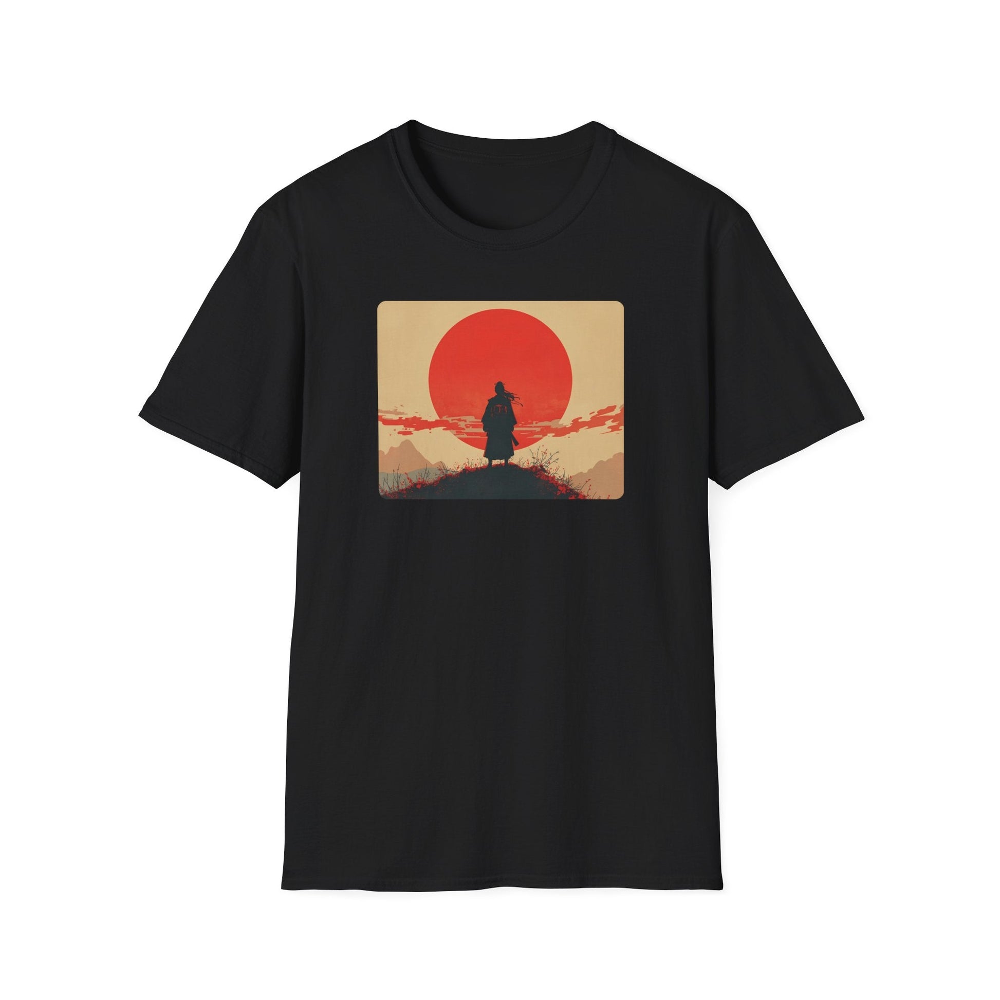 Longing Samurai Beneath the Crimson Sun T-Shirt in black artwork featuring a lone samurai silhouette standing beneath a large crimson sun in a minimalist Japanese-inspired landscape.