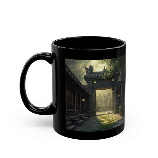 Dawn at the Courtyard Mug - Black mug with a scenic design of a traditional building and garden 