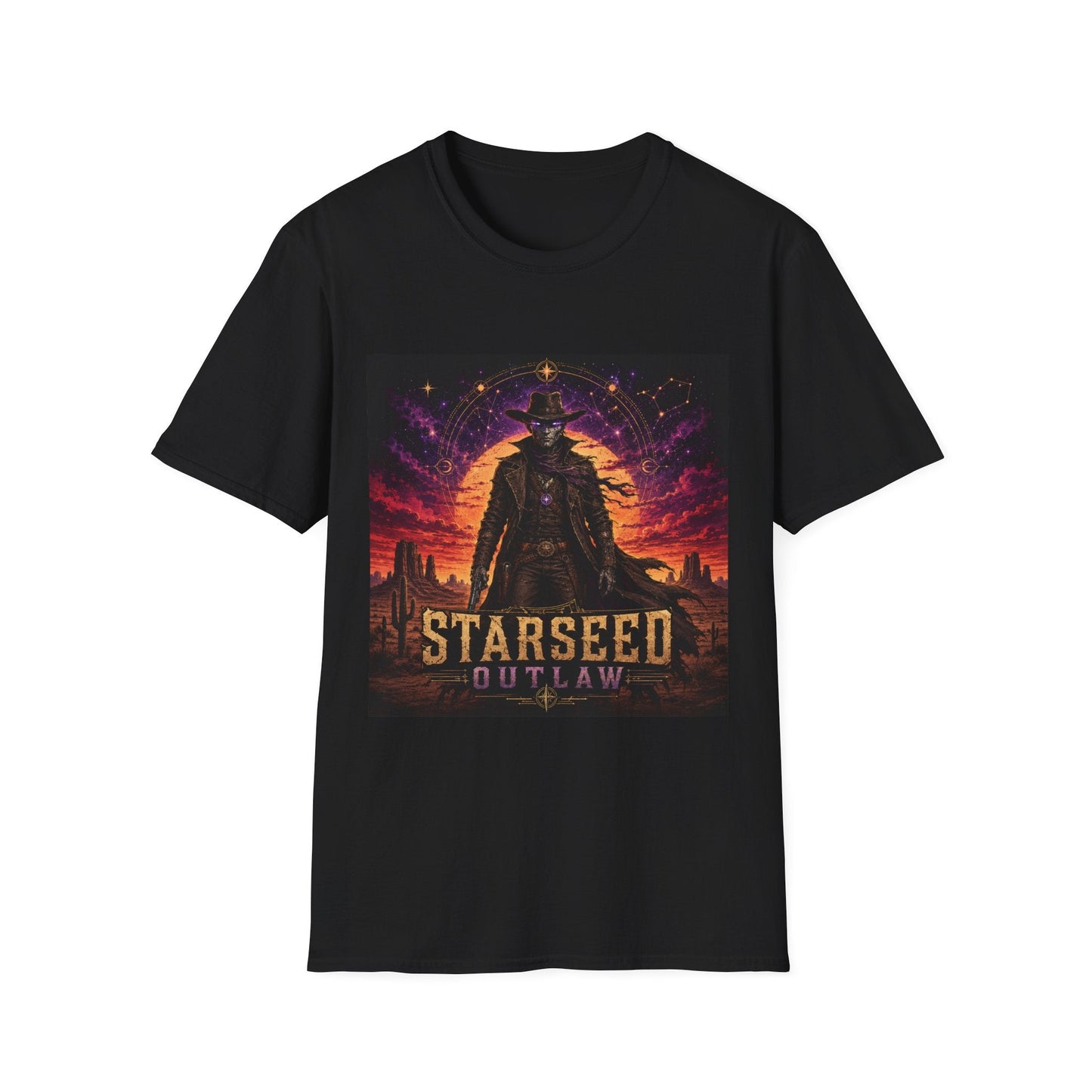 Starseed Outlaw T-Shirt in black with bold alien-inspired cosmic rebel graphic design.