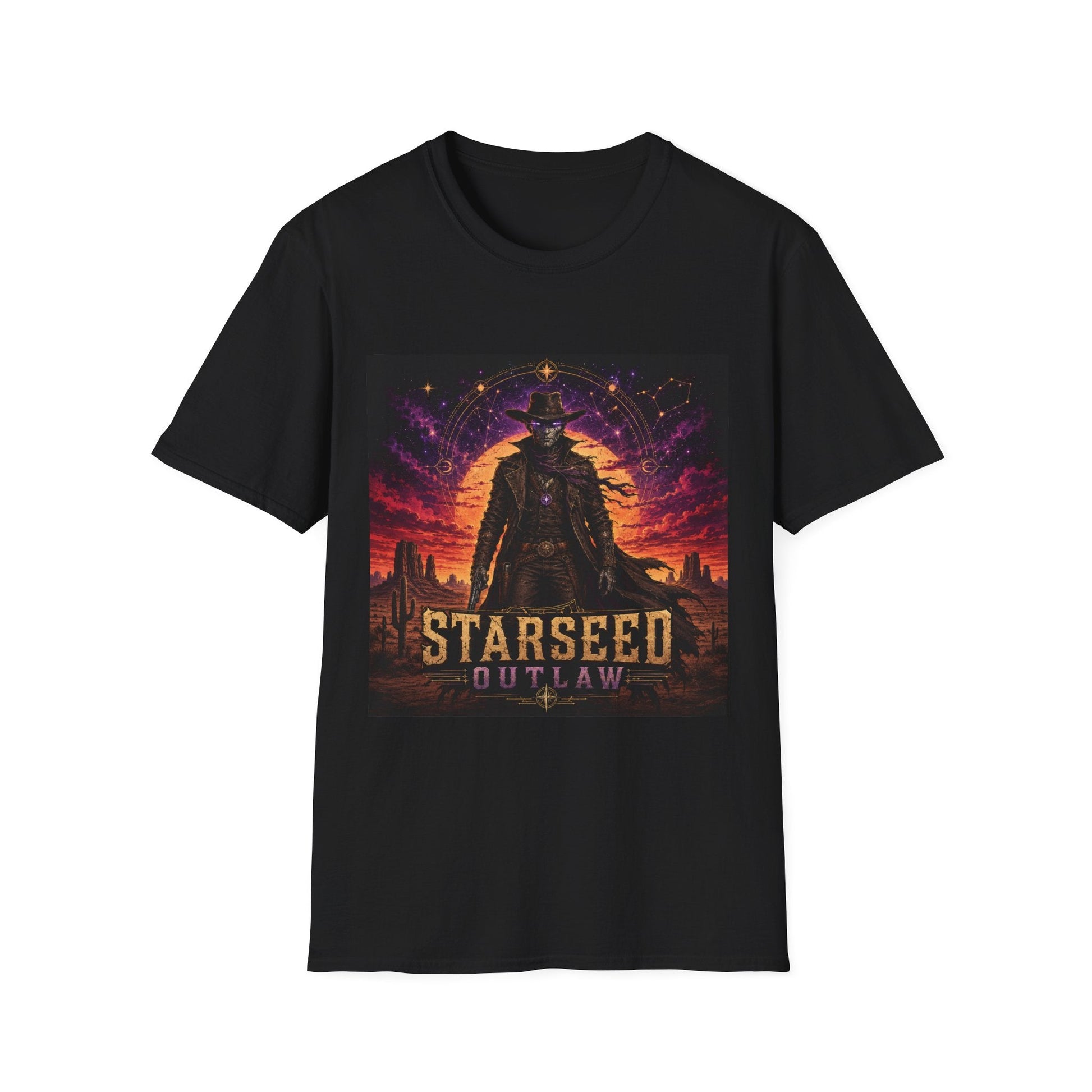 Starseed Outlaw T-Shirt in black with bold alien-inspired cosmic rebel graphic design.
